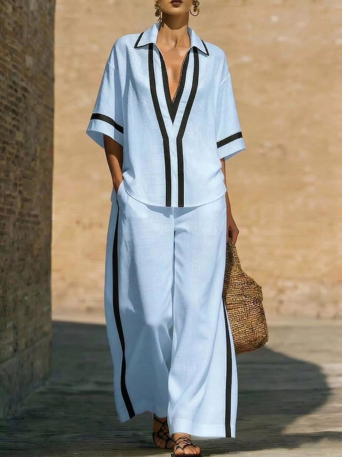 Full Size Contrast Trim Top and Pants Set Plus Size designed for comfort and style at Lookzlike