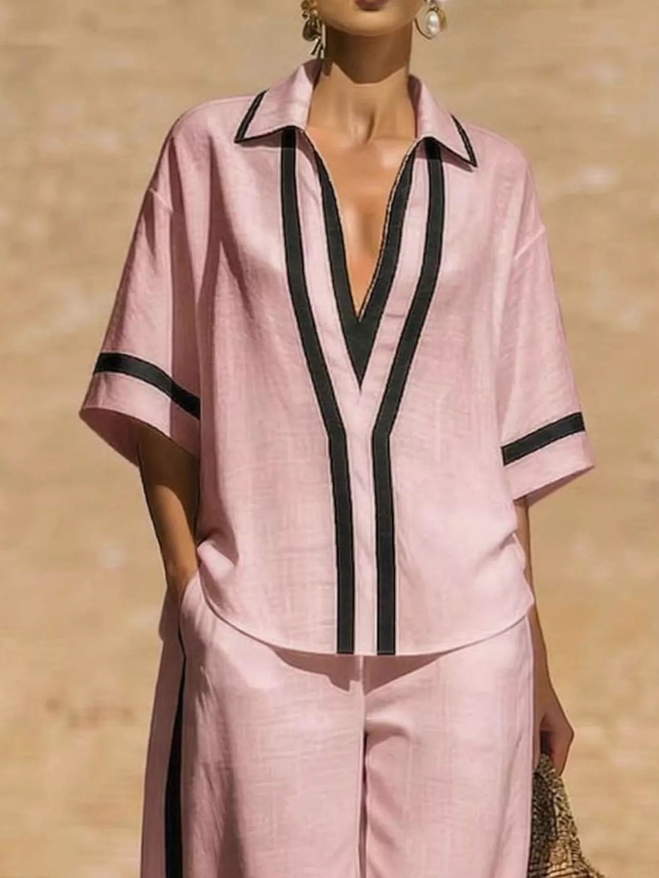 Full Size Contrast Trim Top and Pants Set Plus Size designed for comfort and style at Lookzlike