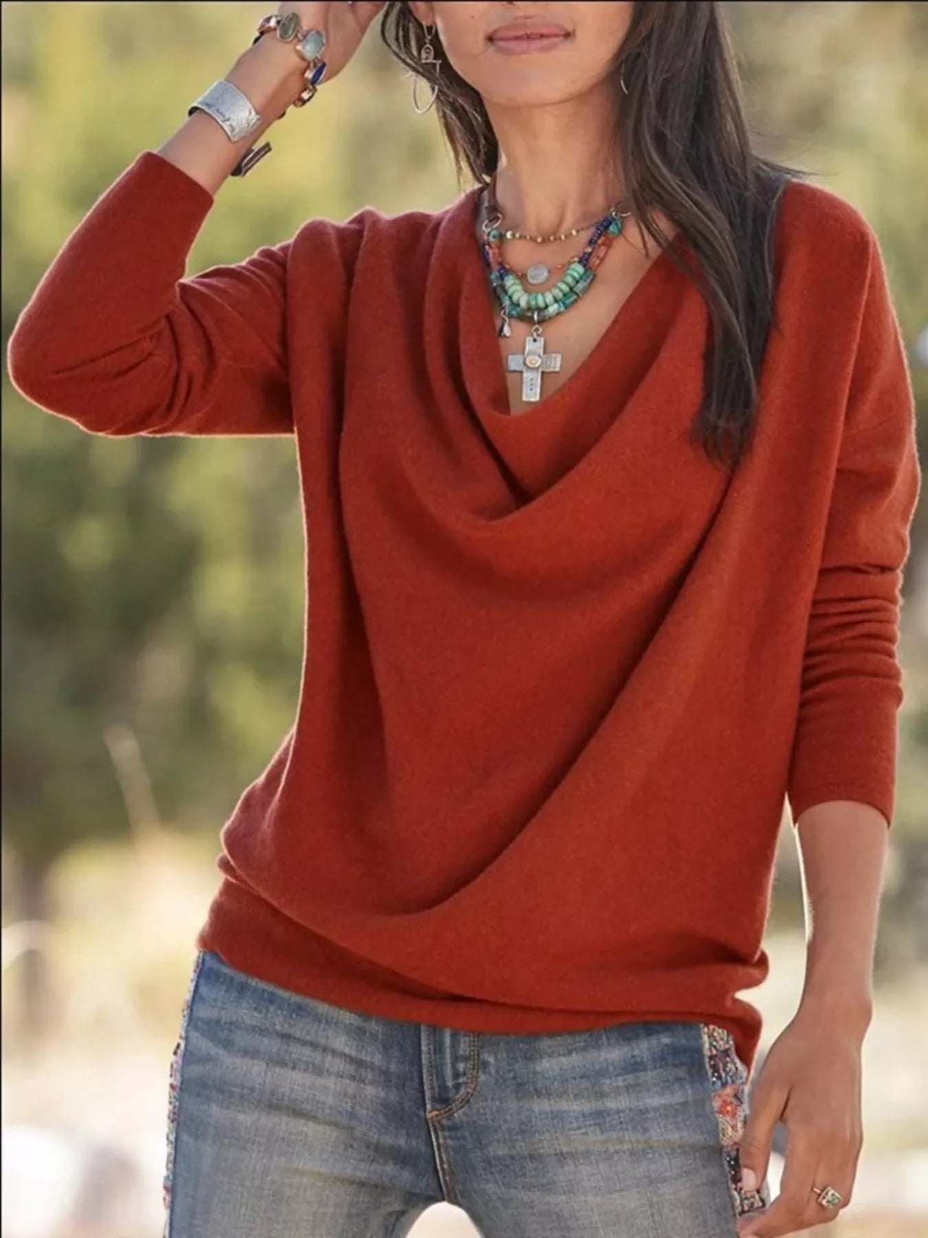 Full Size Cowl Neck Long Sleeve Top Plus Size designed for comfort and style at Lookzlike