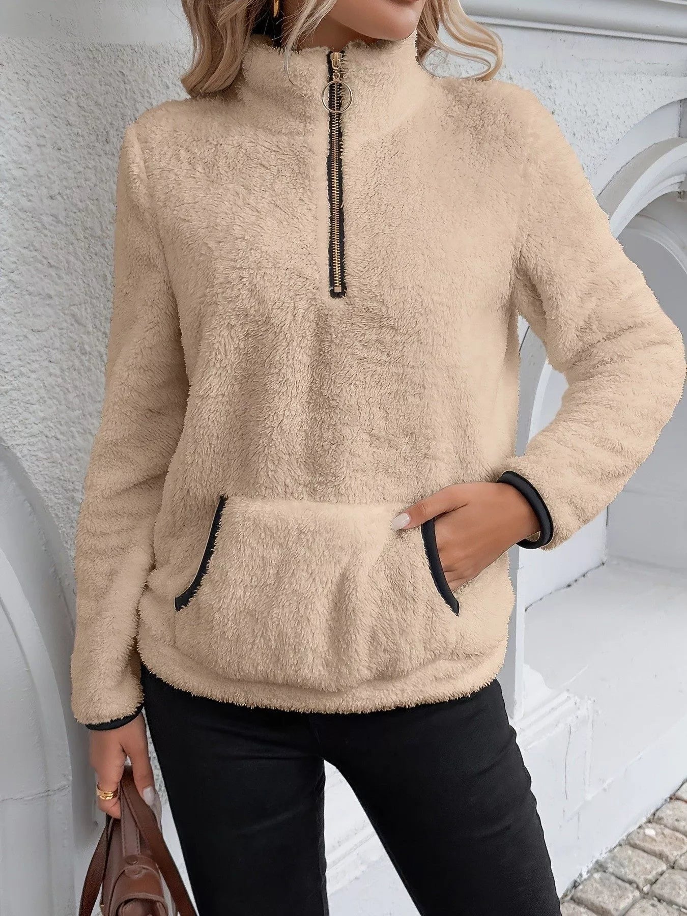 Full Size Cozy Fleece Quarter Zip Long Sleeve Sweatshirt Plus Size designed for comfort and style at Lookzlike
