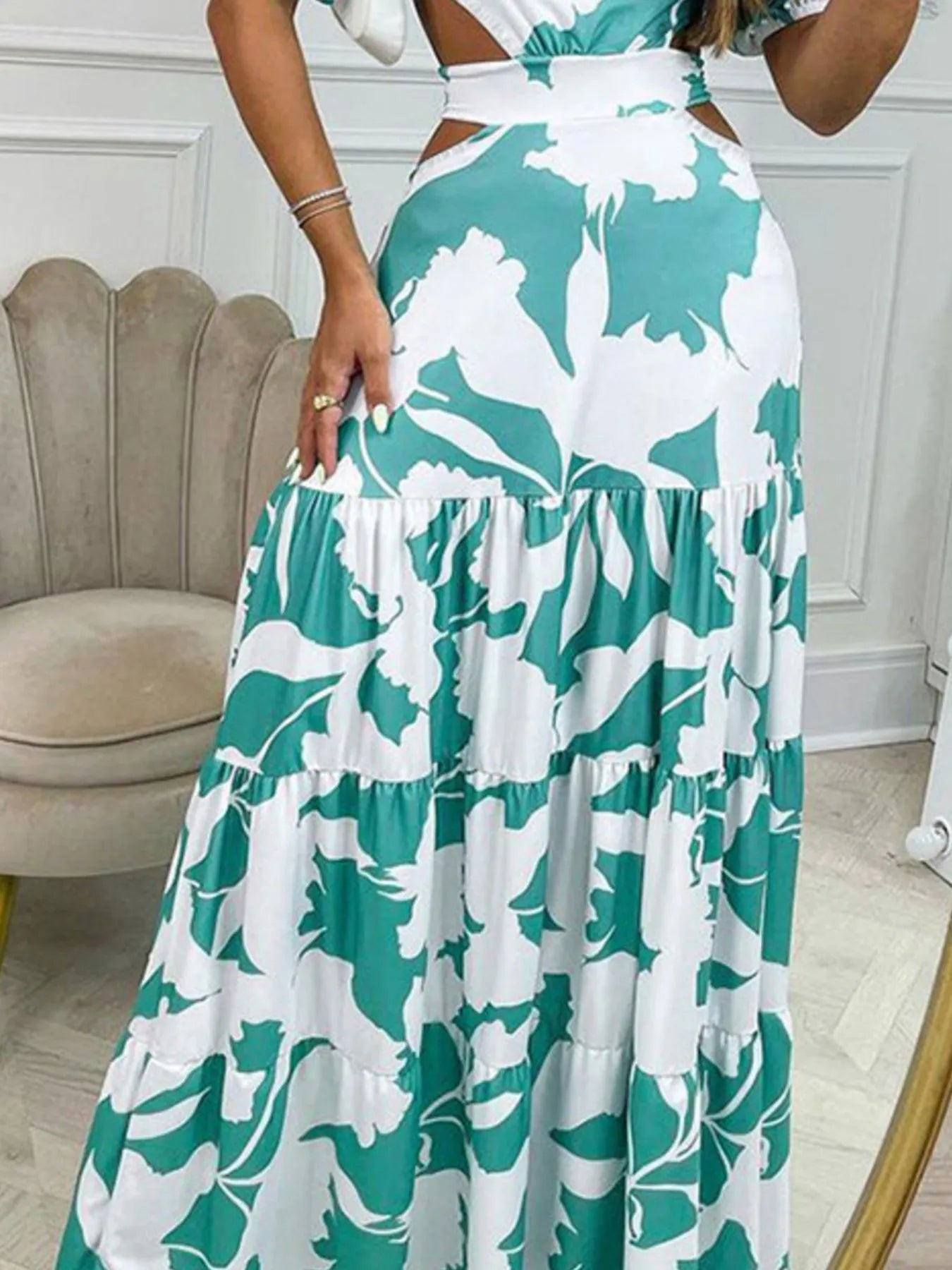 Full Size Cutout Off-Shoulder Printed Maxi Dress Plus Size - Lookzlike