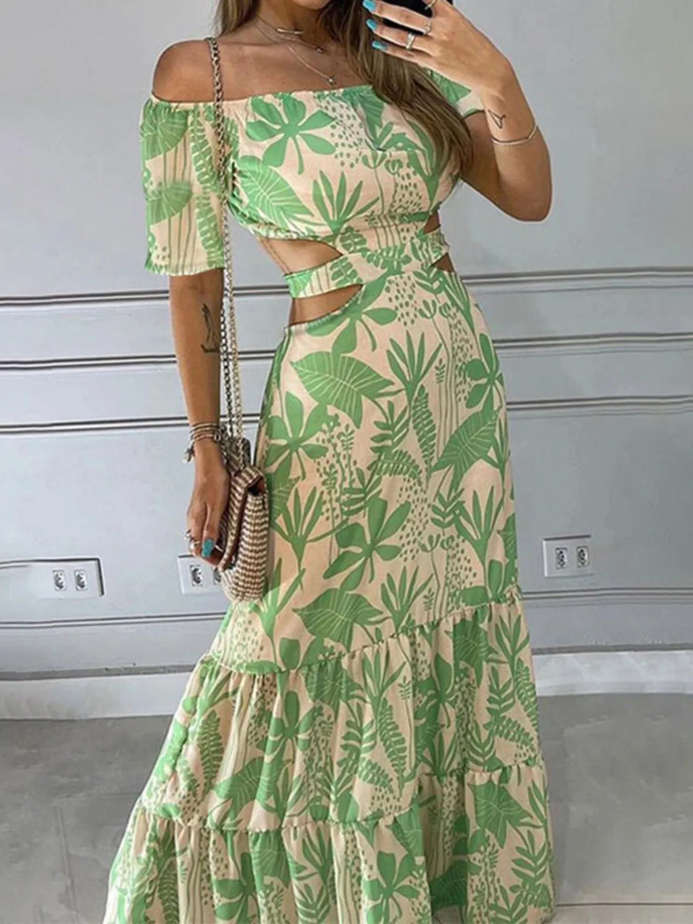 Full Size Cutout Off-Shoulder Printed Maxi Dress Plus Size - Lookzlike