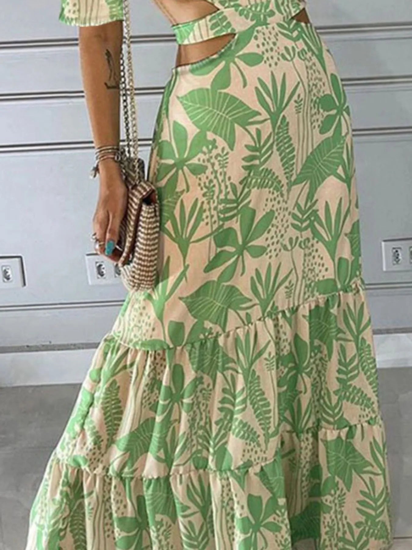 Full Size Cutout Off-Shoulder Printed Maxi Dress Plus Size - Lookzlike