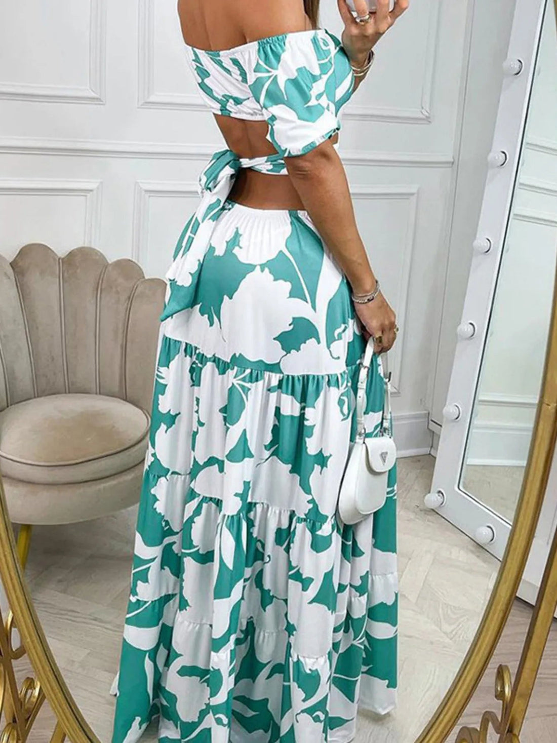 Full Size Cutout Off-Shoulder Printed Maxi Dress Plus Size - Lookzlike
