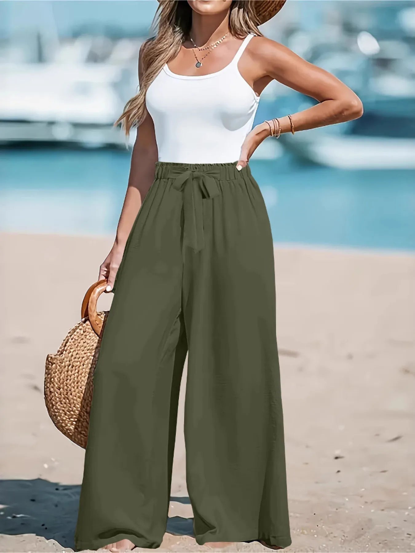 Full Size Drawstring Waist Wide Leg Pants Plus Size - Lookzlike
