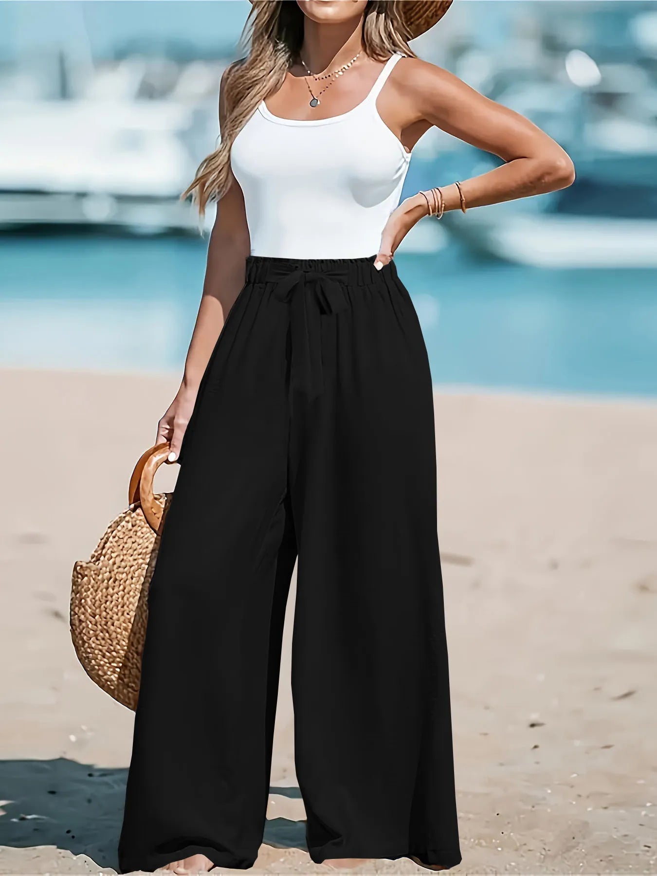 Full Size Drawstring Waist Wide Leg Pants Plus Size - Lookzlike