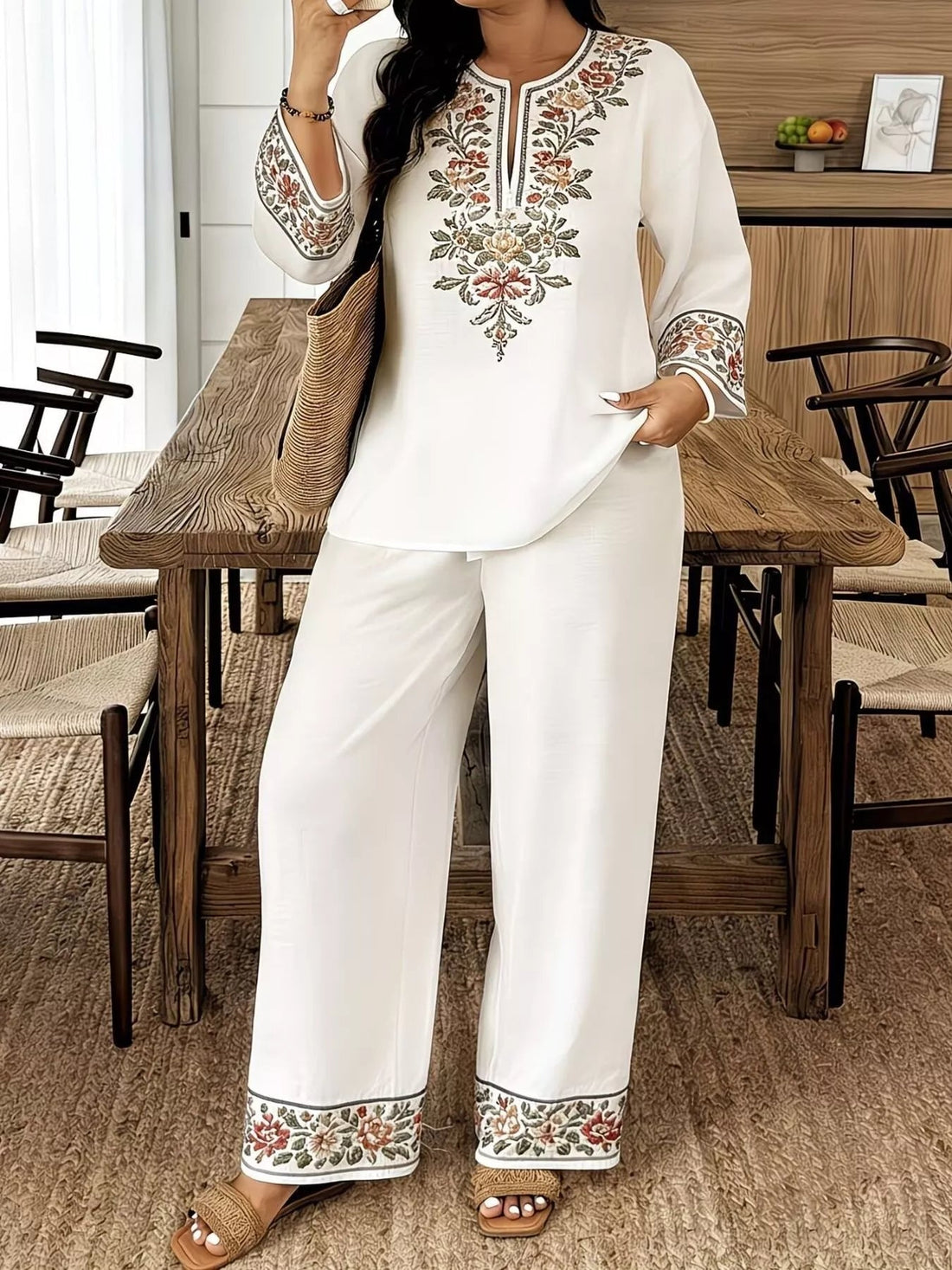 Full Size Embroidered Long Sleeve Top and Pants Set Plus Size designed for comfort and style at Lookzlike