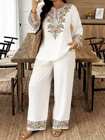 Full Size Embroidered Long Sleeve Top and Pants Set Plus Size designed for comfort and style at Lookzlike