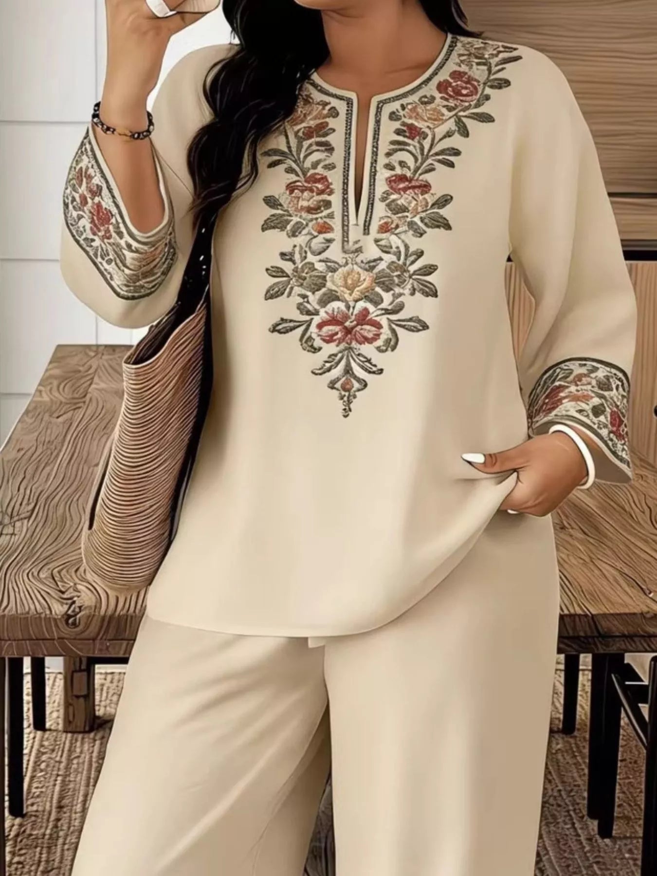 Full Size Embroidered Long Sleeve Top and Pants Set Plus Size designed for comfort and style at Lookzlike