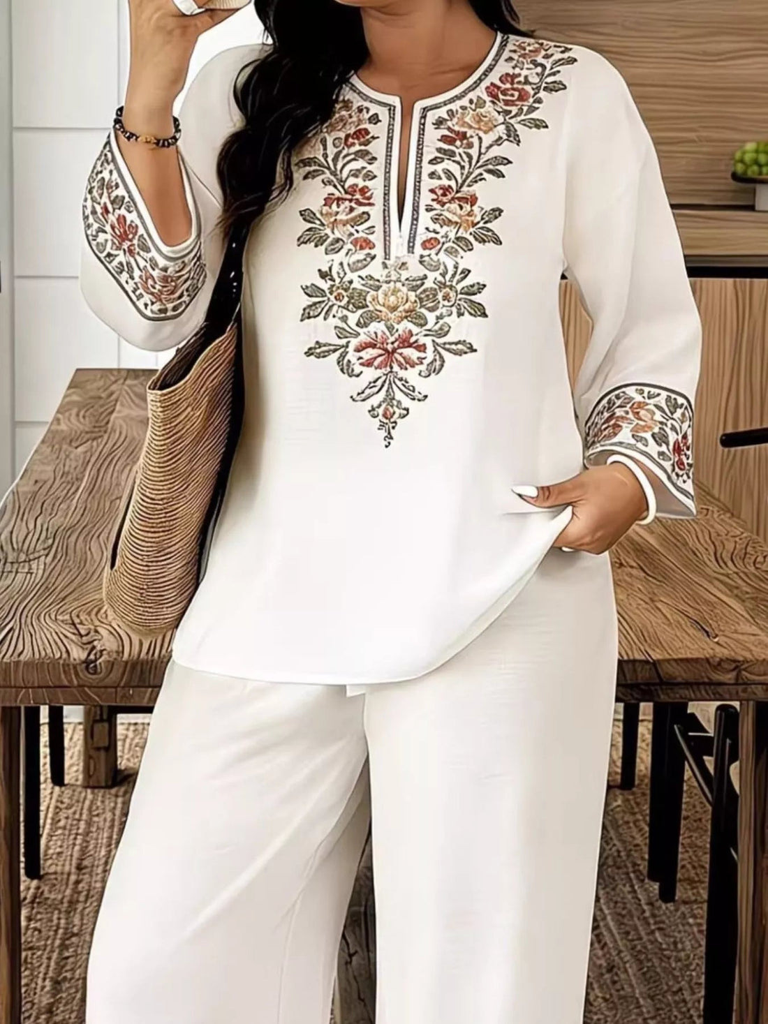 Full Size Embroidered Long Sleeve Top and Pants Set Plus Size designed for comfort and style at Lookzlike