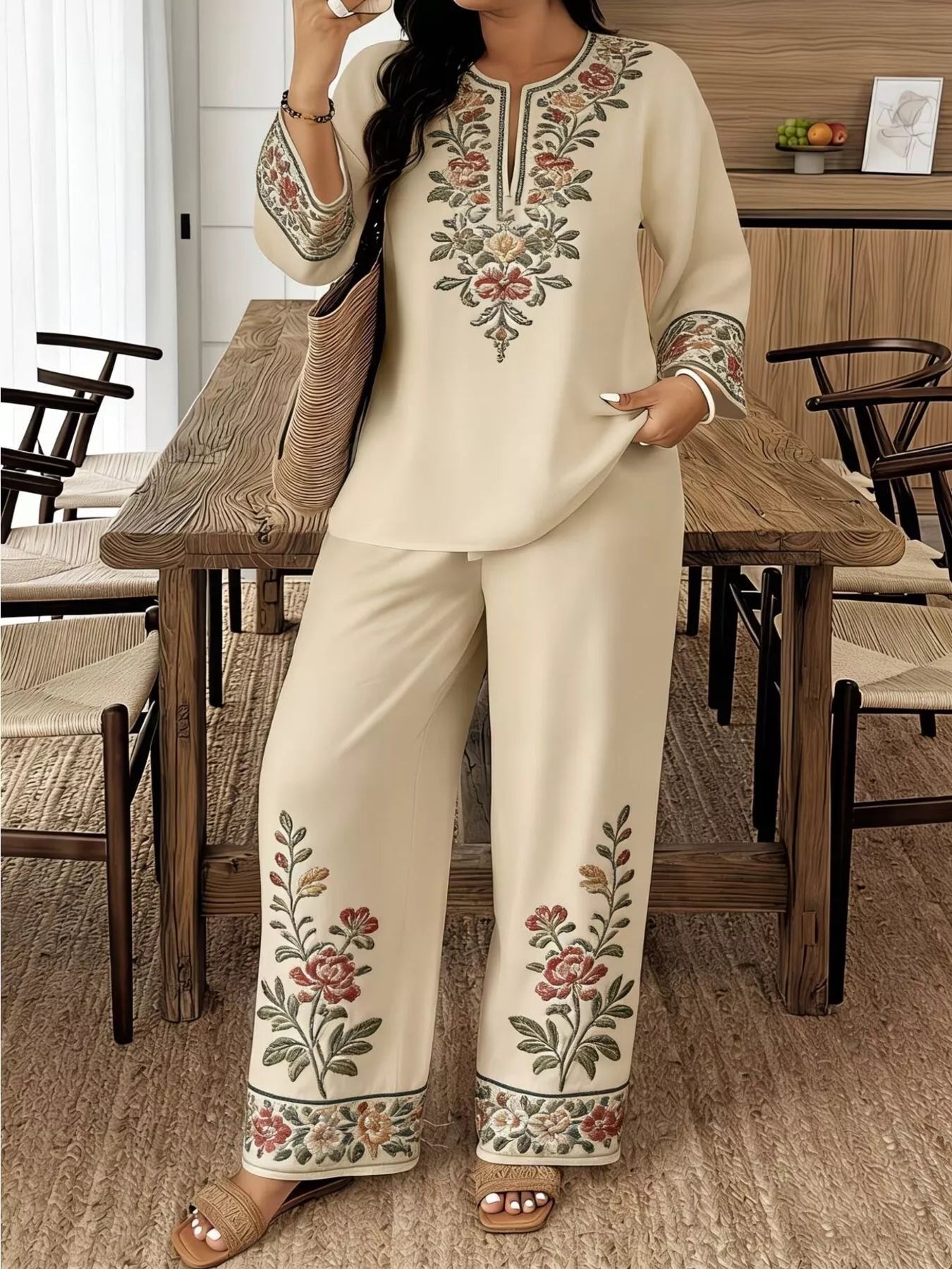 Full Size Embroidered Long Sleeve Top and Pants Set Plus Size designed for comfort and style at Lookzlike