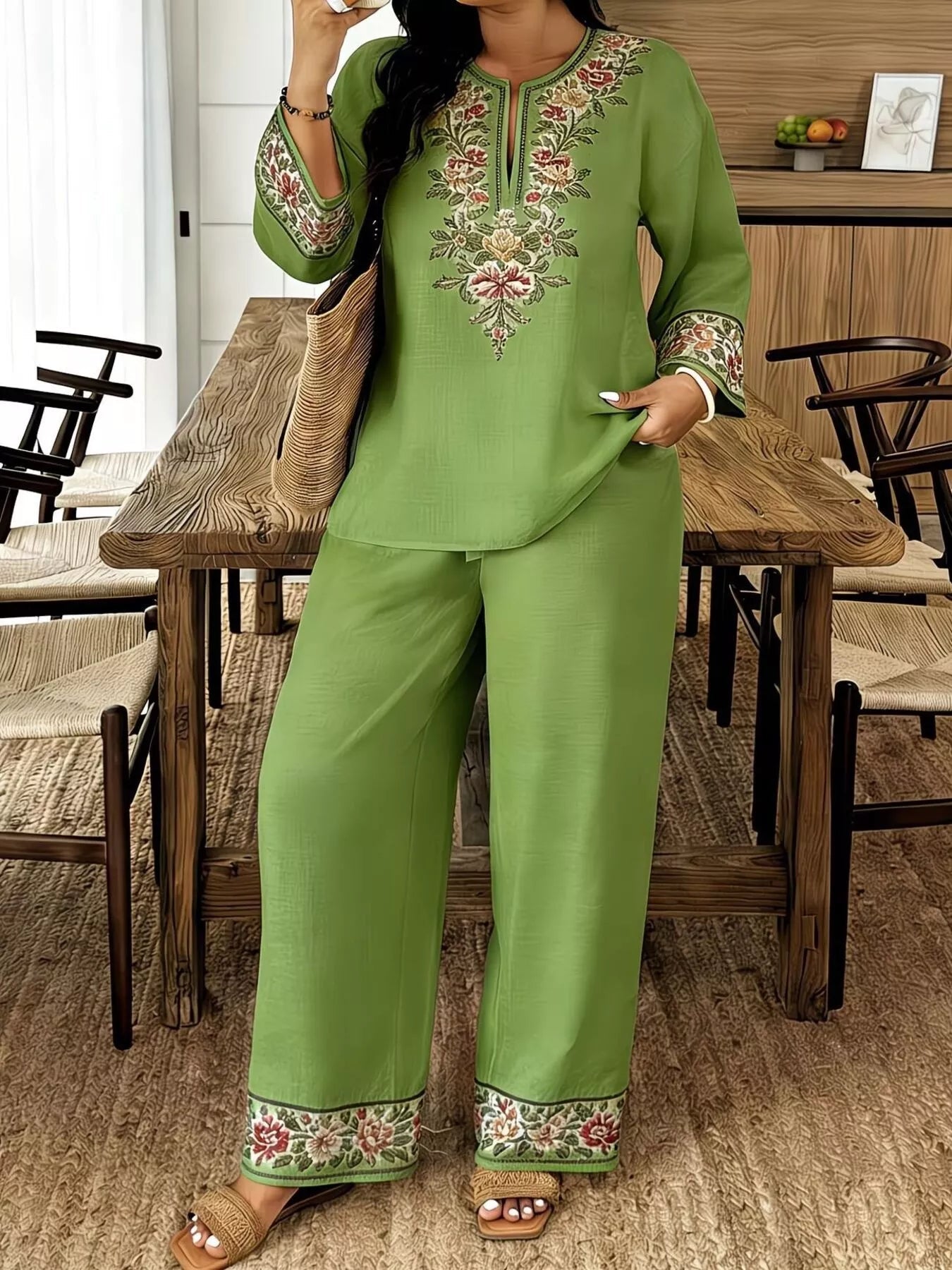 Full Size Embroidered Long Sleeve Top and Pants Set Plus Size designed for comfort and style at Lookzlike