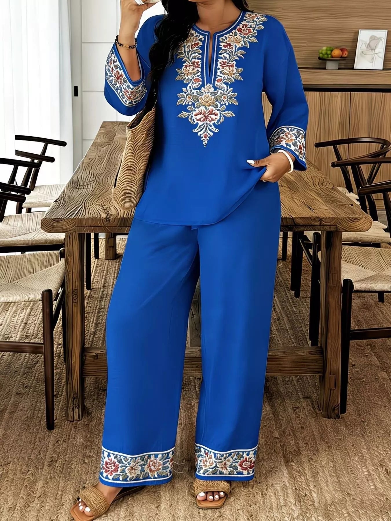Full Size Embroidered Long Sleeve Top and Pants Set Plus Size designed for comfort and style at Lookzlike