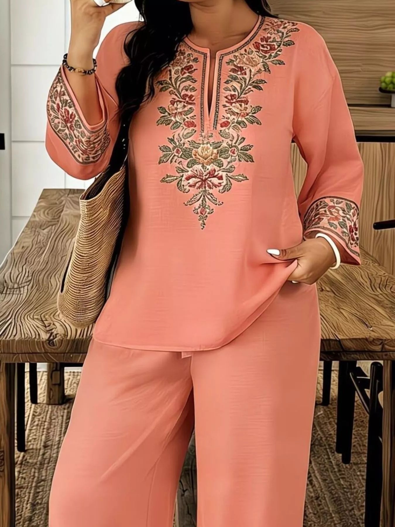 Full Size Embroidered Long Sleeve Top and Pants Set Plus Size designed for comfort and style at Lookzlike
