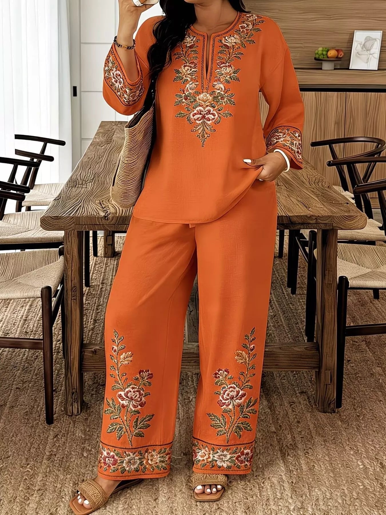 Full Size Embroidered Long Sleeve Top and Pants Set Plus Size designed for comfort and style at Lookzlike