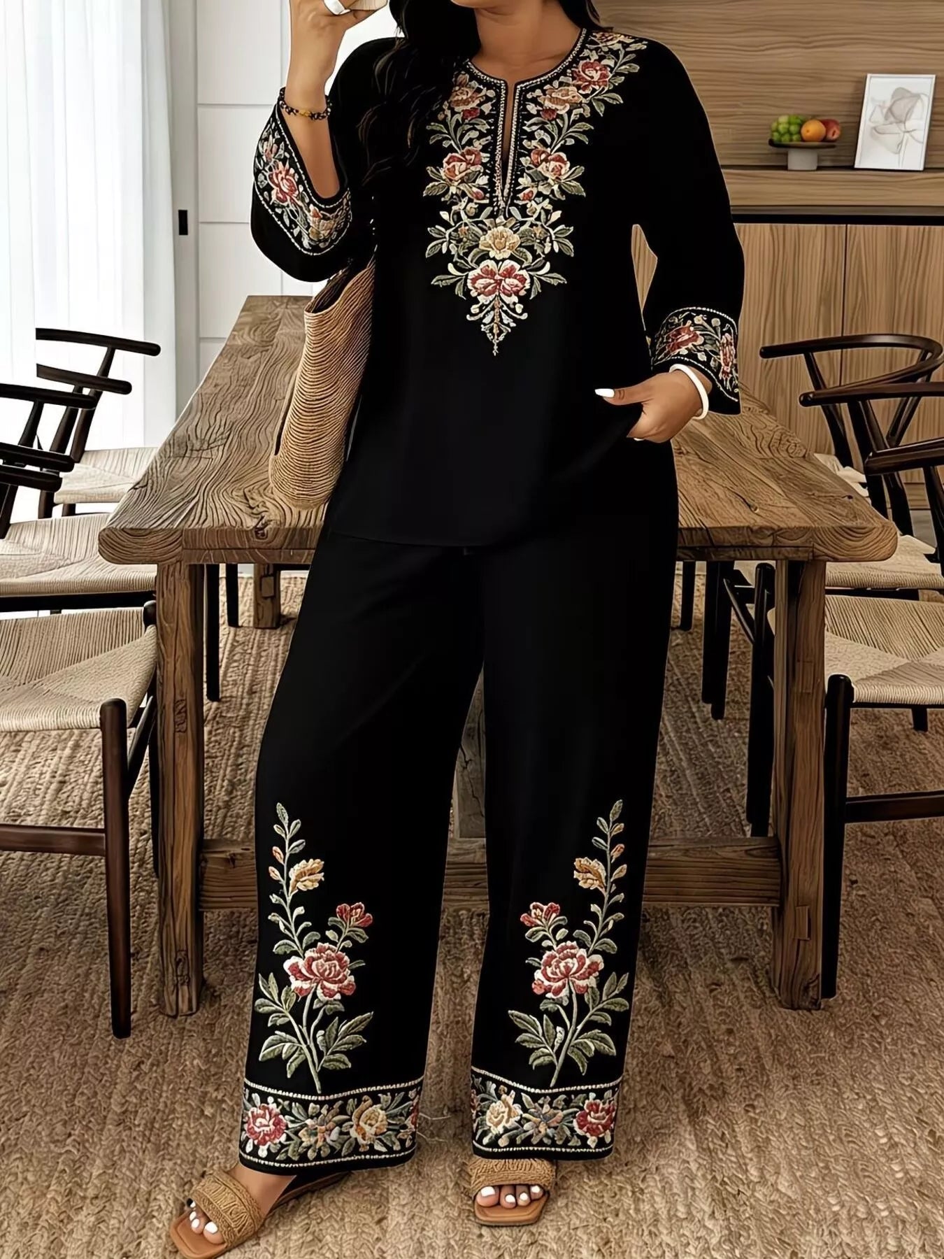Full Size Embroidered Long Sleeve Top and Pants Set Plus Size designed for comfort and style at Lookzlike
