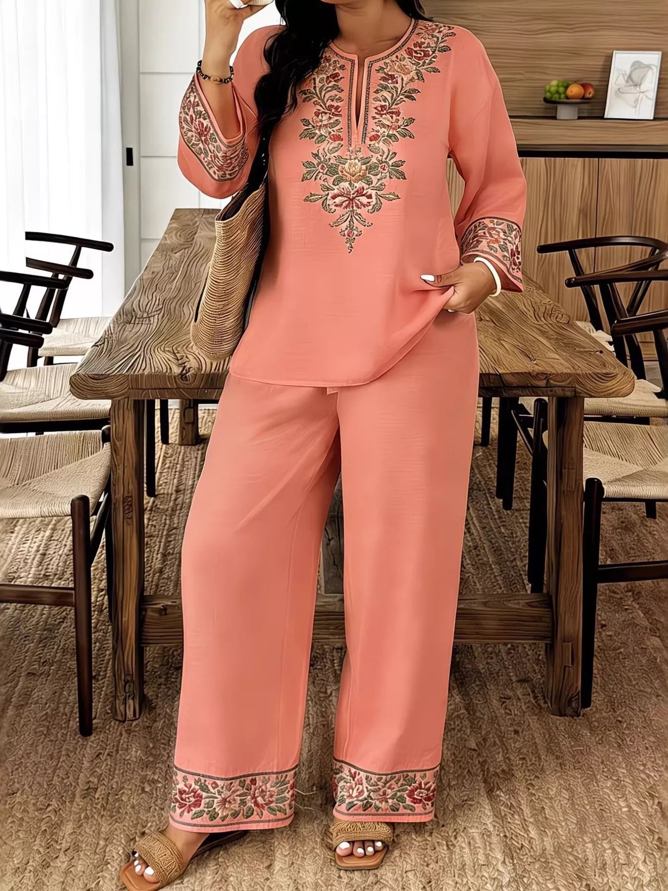 Full Size Embroidered Long Sleeve Top and Pants Set Plus Size designed for comfort and style at Lookzlike