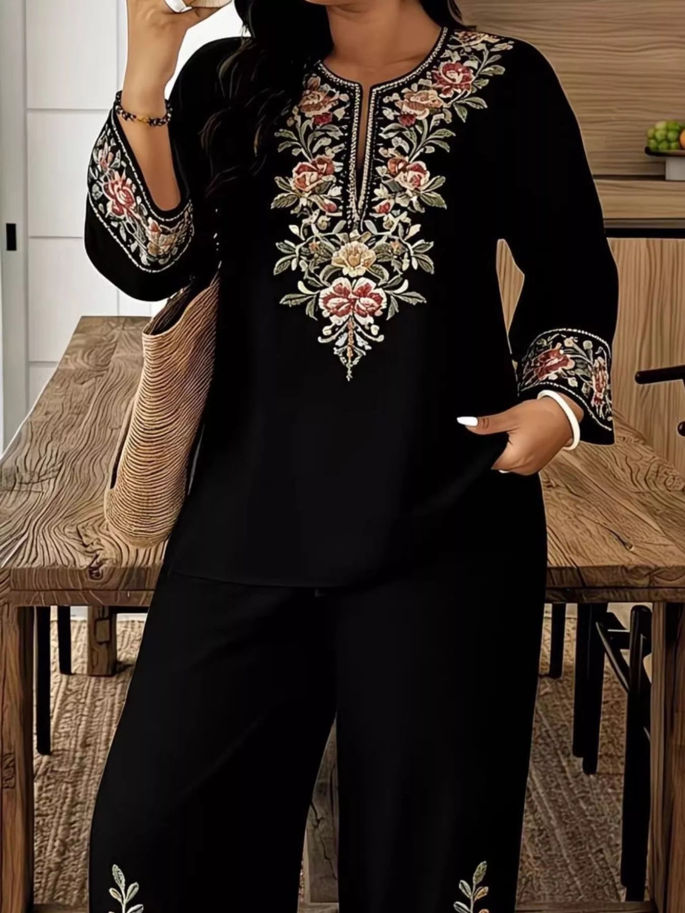 Full Size Embroidered Long Sleeve Top and Pants Set Plus Size designed for comfort and style at Lookzlike