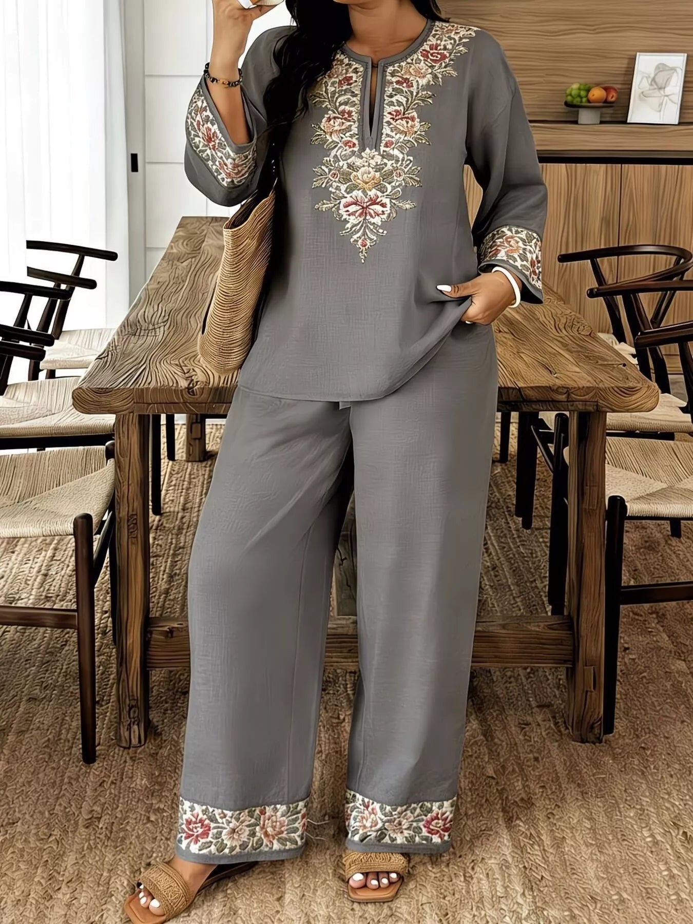 Full Size Embroidered Long Sleeve Top and Pants Set Plus Size designed for comfort and style at Lookzlike