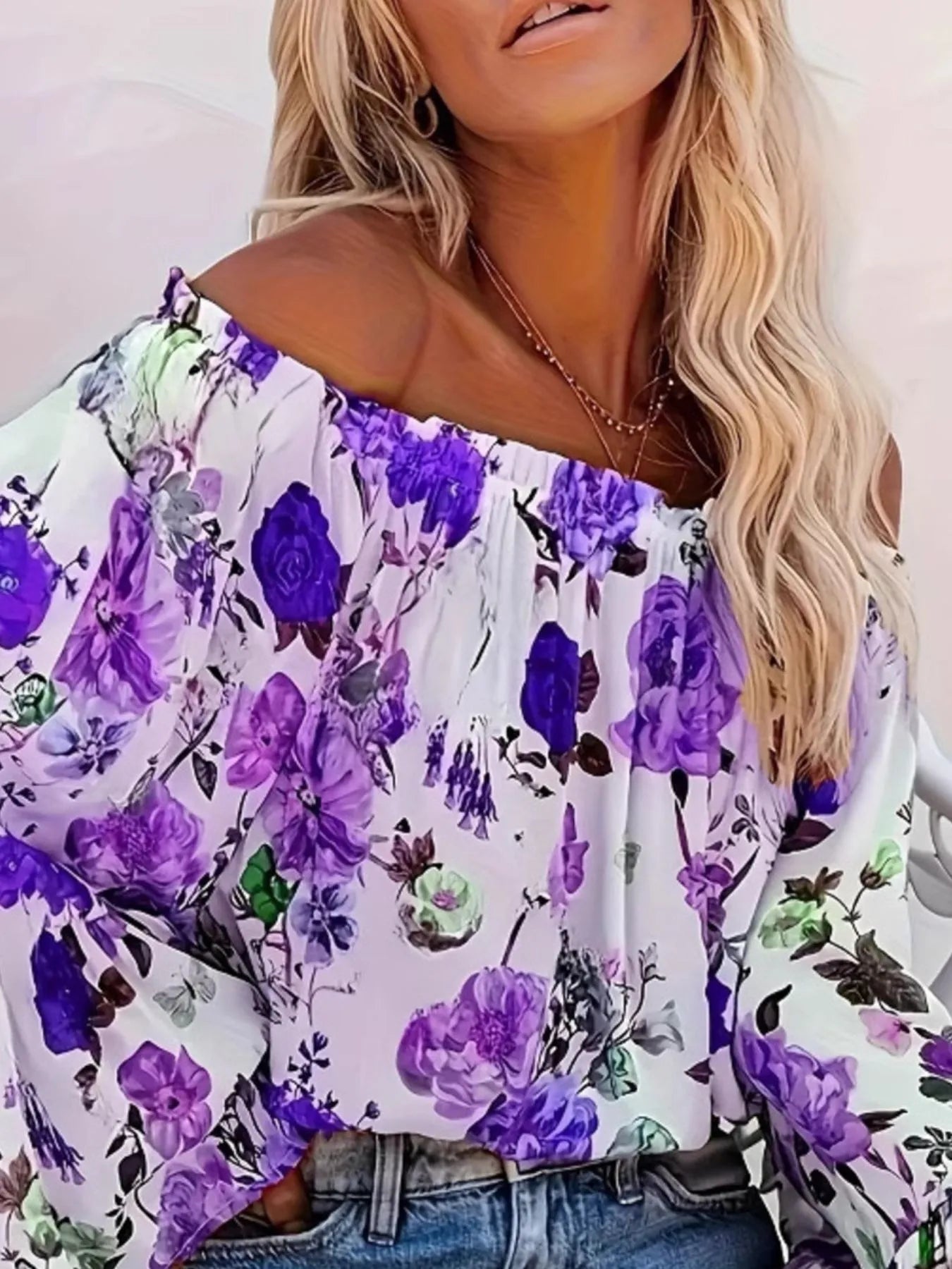 Full Size Floral Off - Shoulder Bell Sleeve Blouse Plus Size designed for comfort and style at Lookzlike
