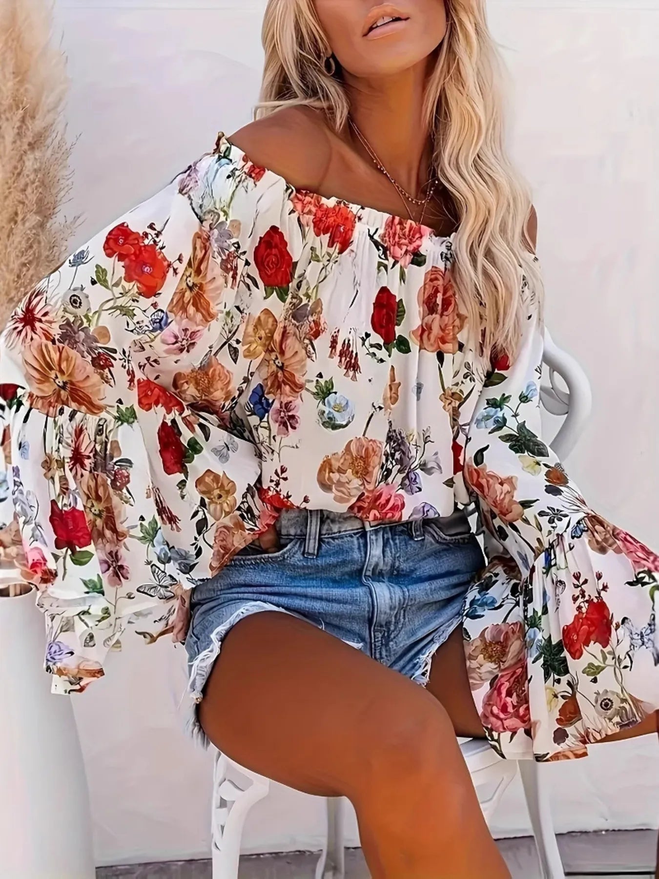 Full Size Floral Off - Shoulder Bell Sleeve Blouse Plus Size designed for comfort and style at Lookzlike