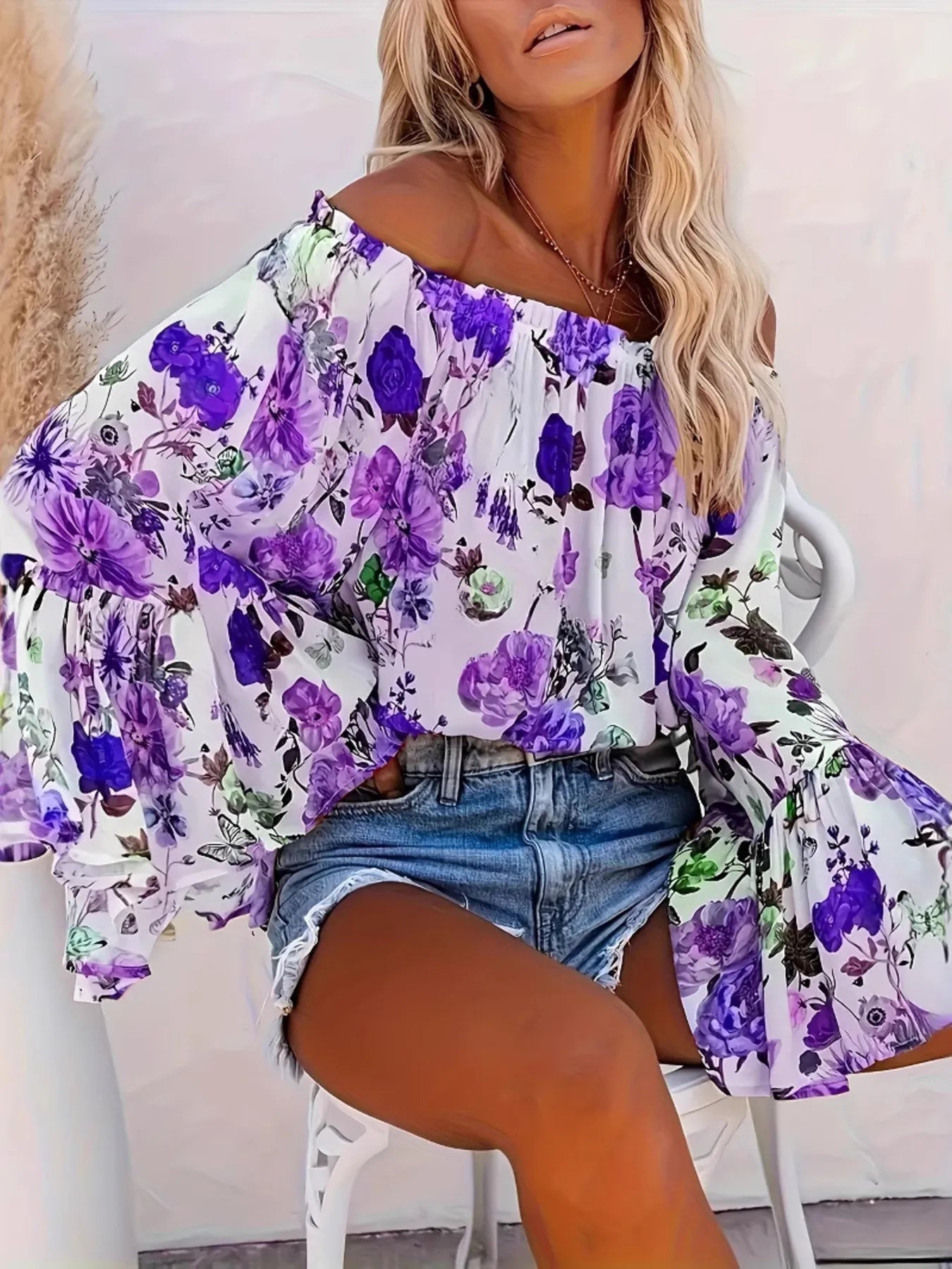 Full Size Floral Off - Shoulder Bell Sleeve Blouse Plus Size designed for comfort and style at Lookzlike