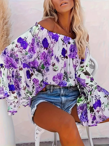 Full Size Floral Off - Shoulder Bell Sleeve Blouse Plus Size designed for comfort and style at Lookzlike