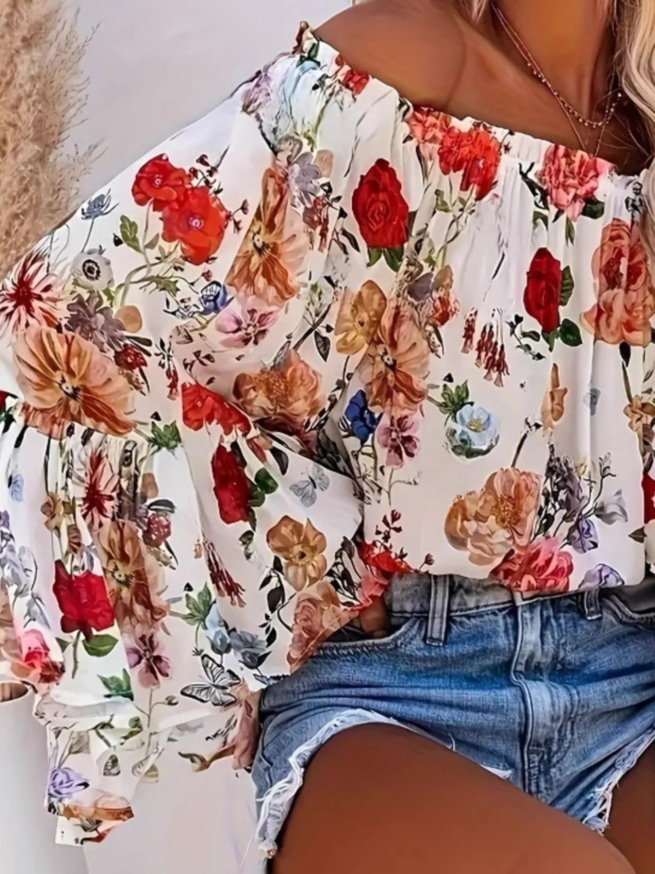 Full Size Floral Off - Shoulder Bell Sleeve Blouse Plus Size designed for comfort and style at Lookzlike