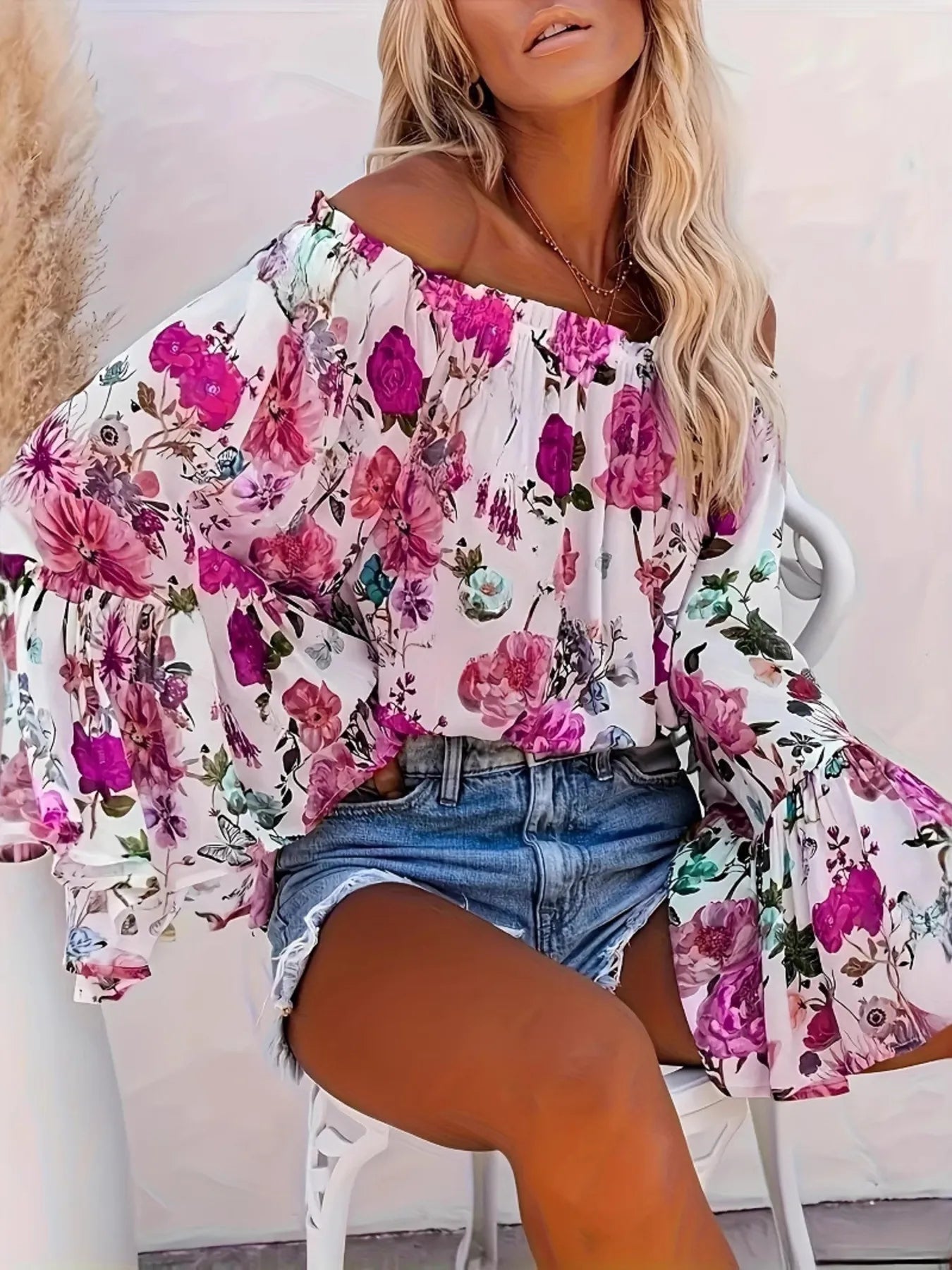 Full Size Floral Off - Shoulder Bell Sleeve Blouse Plus Size designed for comfort and style at Lookzlike
