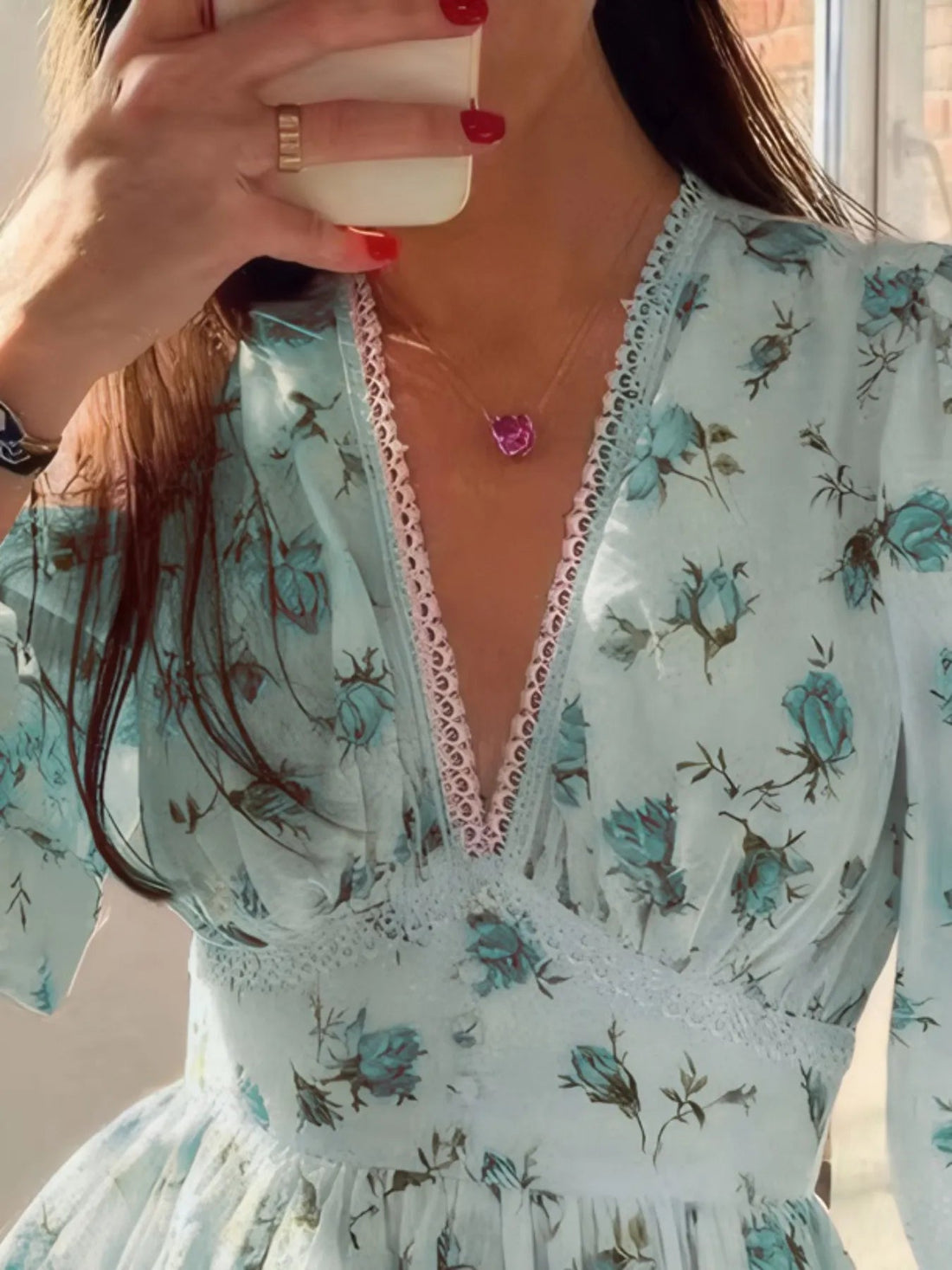 Full Size Floral Print Lace Detail V-Neck Mini Dress Plus SIze - Lookzlike
