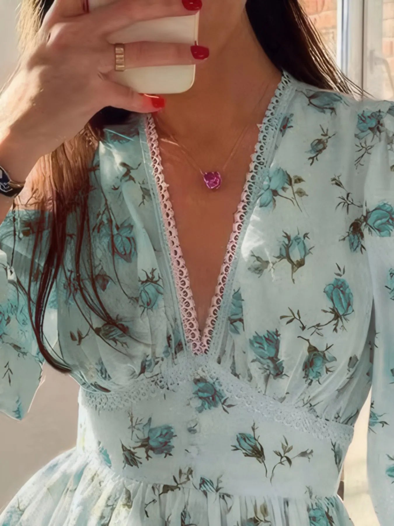 Full Size Floral Print Lace Detail V-Neck Mini Dress Plus SIze - Lookzlike