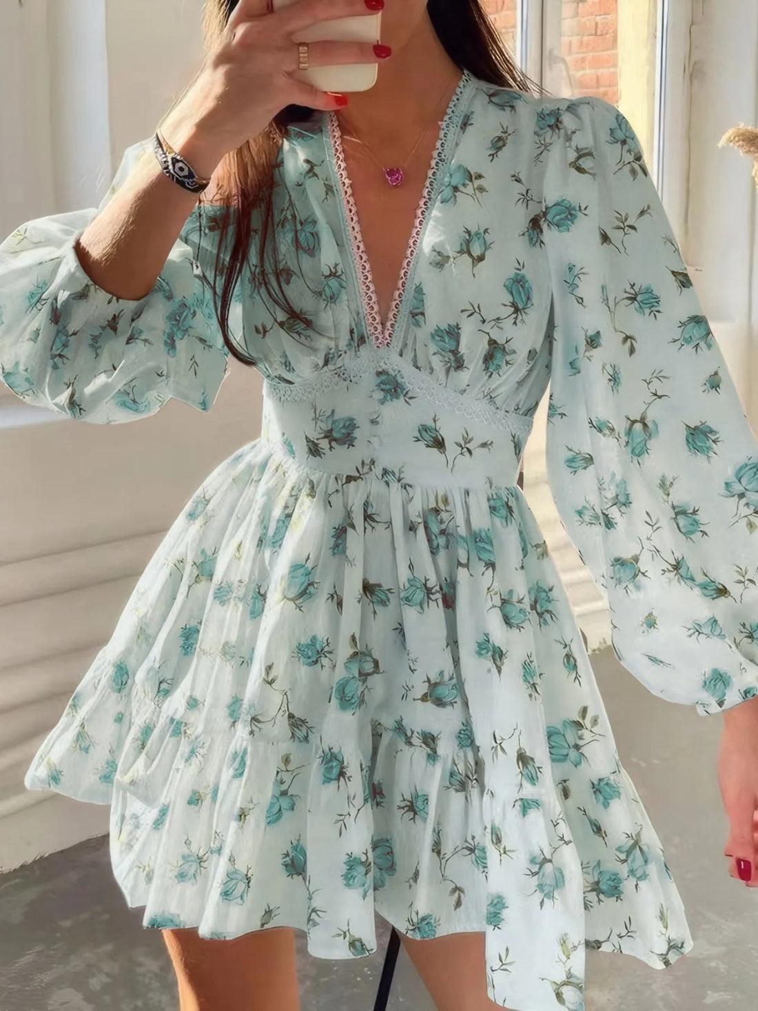 Full Size Floral Print Lace Detail V-Neck Mini Dress Plus SIze - Lookzlike