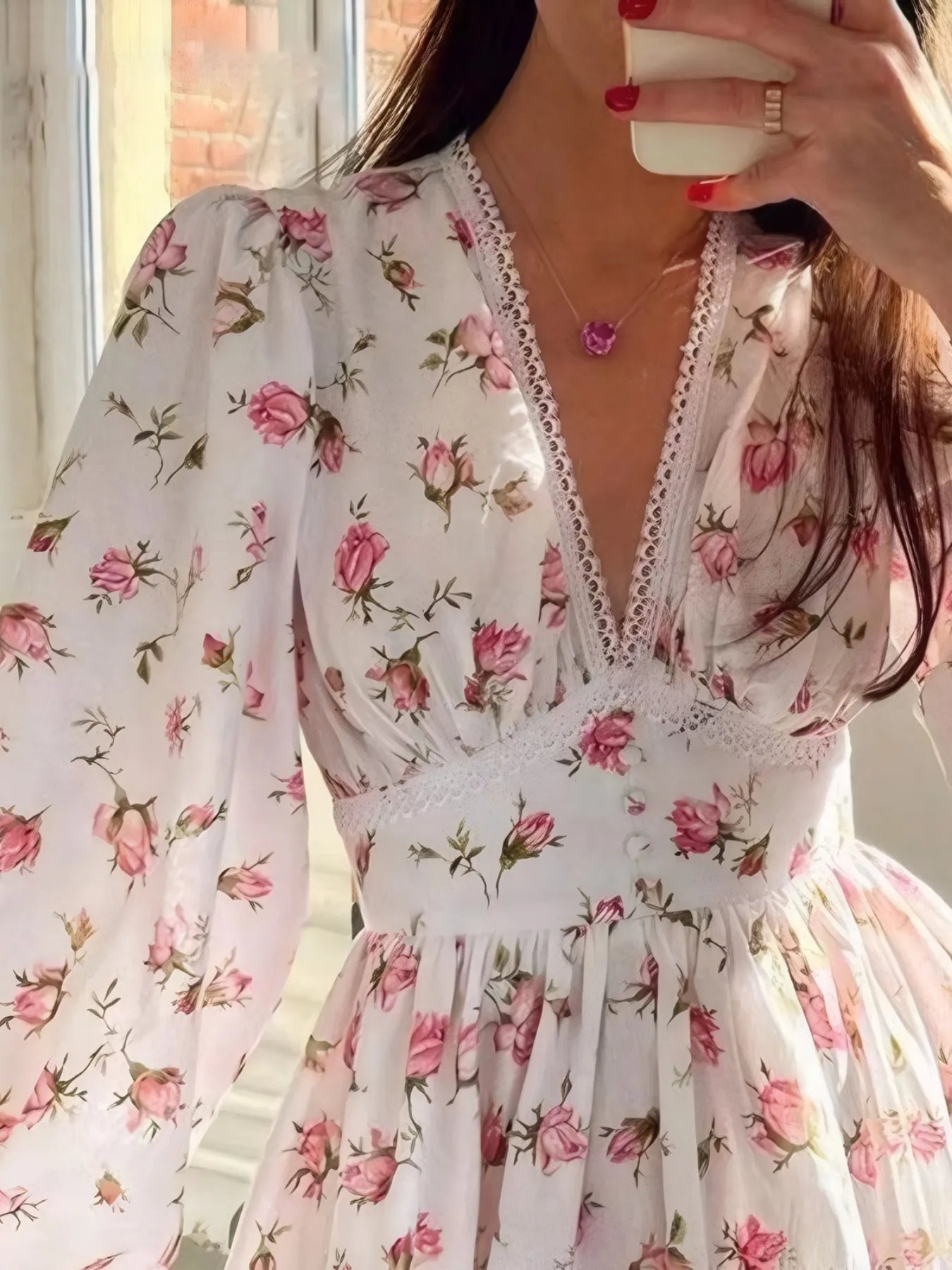 Full Size Floral Print Lace Detail V-Neck Mini Dress Plus SIze - Lookzlike