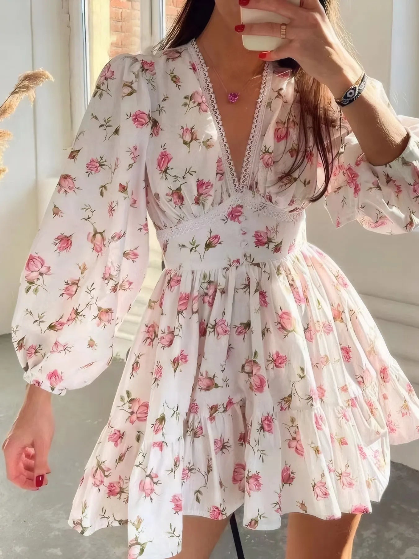 Full Size Floral Print Lace Detail V-Neck Mini Dress Plus SIze - Lookzlike