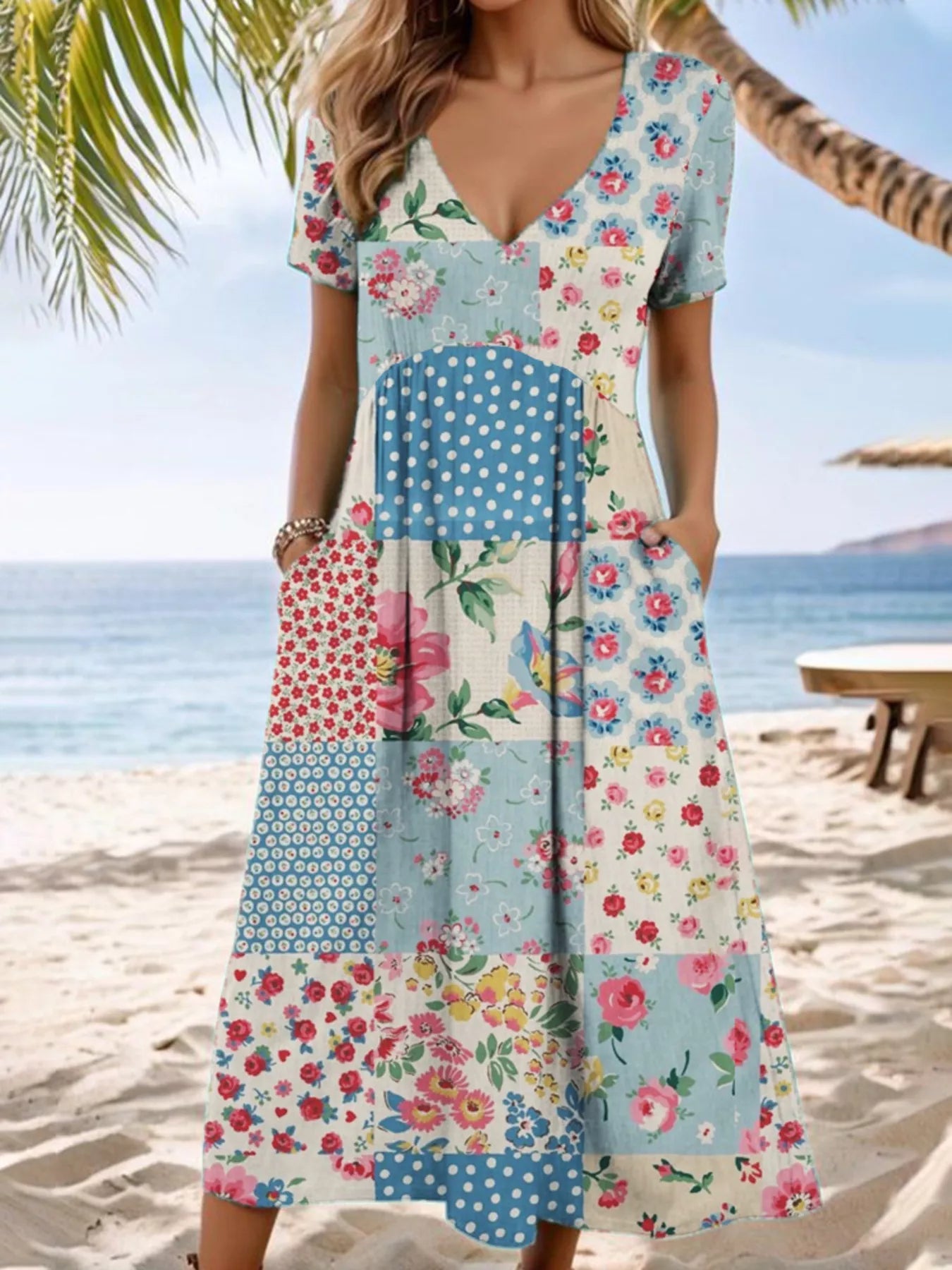 Full Size Floral V - Neck Casual Midi Dress Plus Size designed for comfort and style at Lookzlike