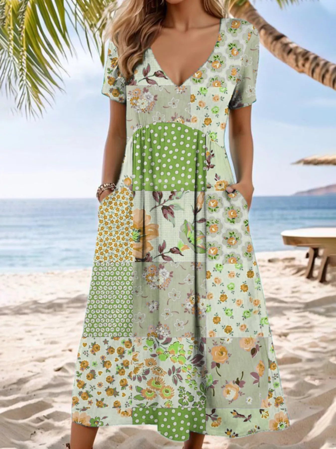 Full Size Floral V - Neck Casual Midi Dress Plus Size designed for comfort and style at Lookzlike