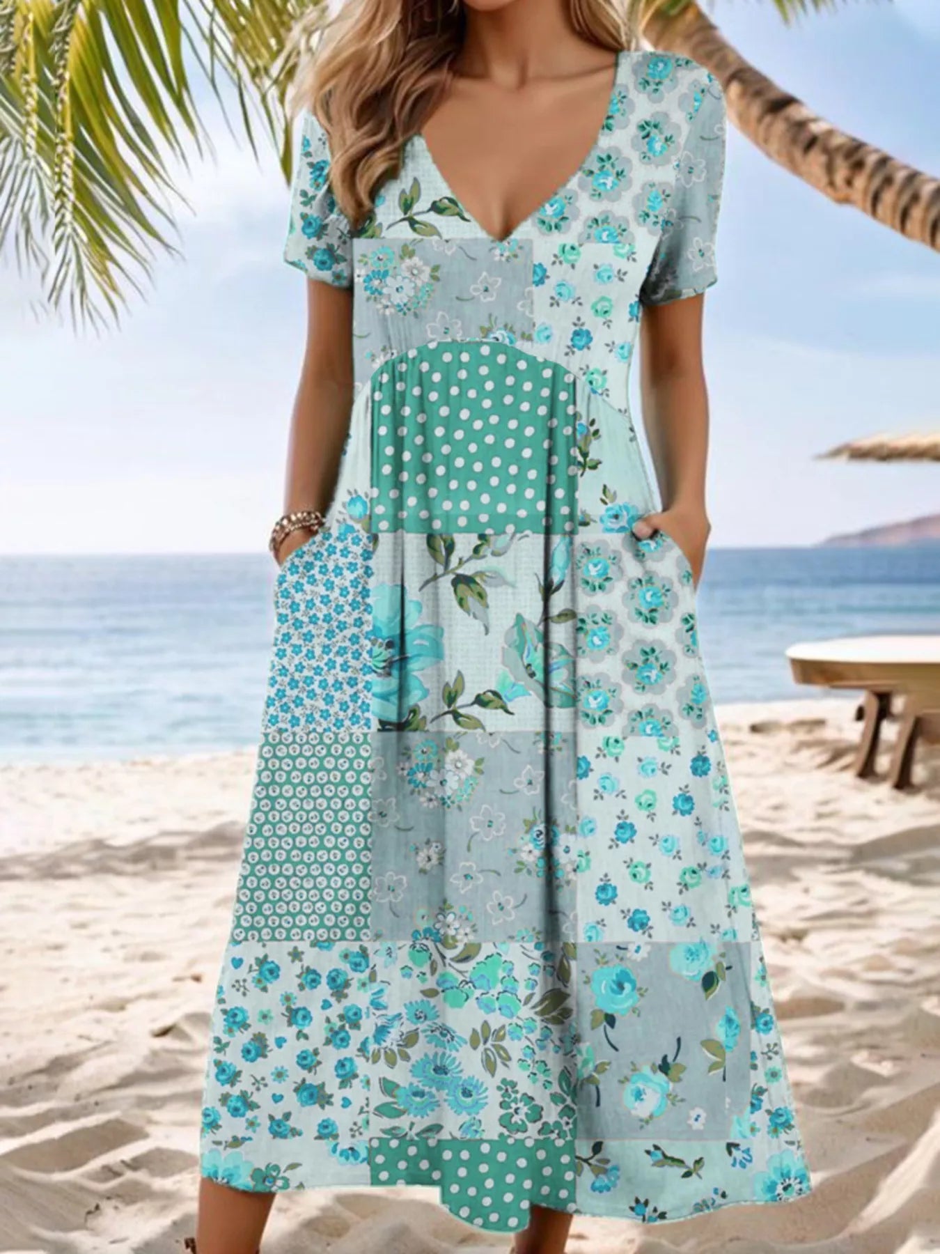 Full Size Floral V - Neck Casual Midi Dress Plus Size designed for comfort and style at Lookzlike