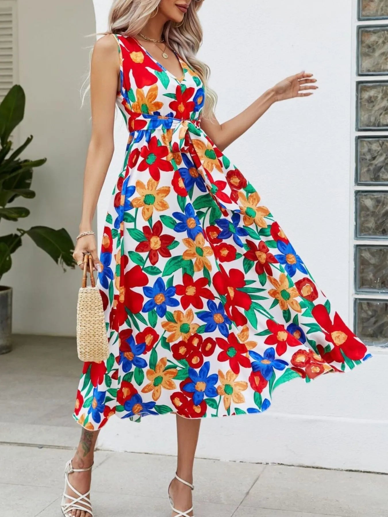 Full Size Floral V - Neck Sleeveless Dress Plus Size designed for comfort and style at Lookzlike