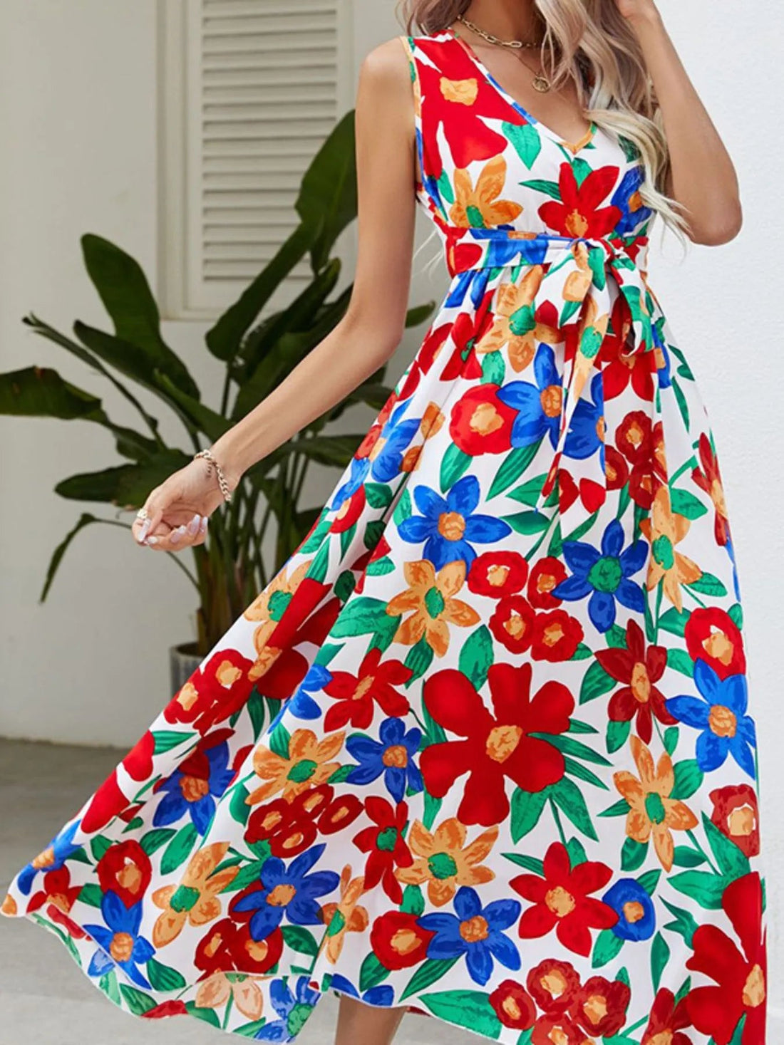 Full Size Floral V - Neck Sleeveless Dress Plus Size designed for comfort and style at Lookzlike