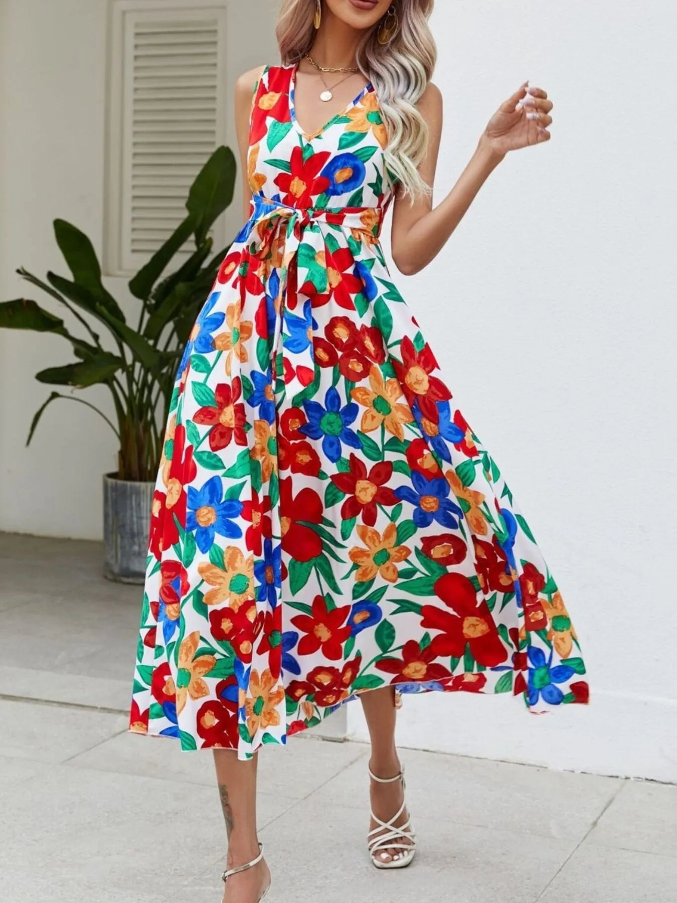 Full Size Floral V - Neck Sleeveless Dress Plus Size designed for comfort and style at Lookzlike