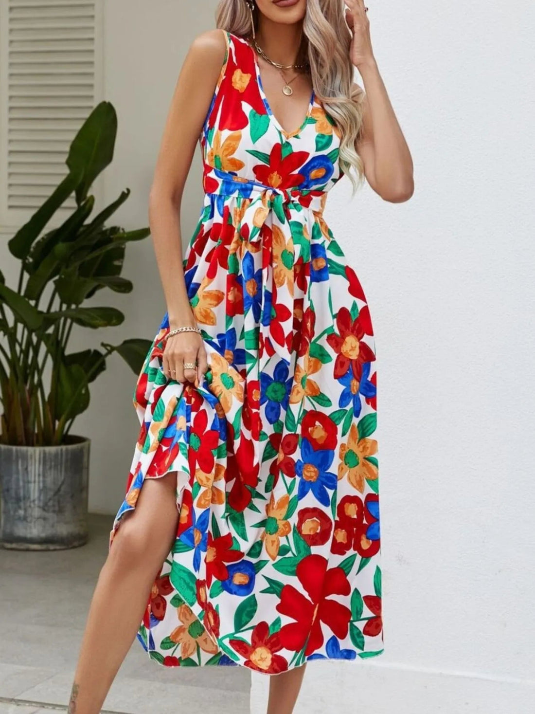 Full Size Floral V - Neck Sleeveless Dress Plus Size designed for comfort and style at Lookzlike