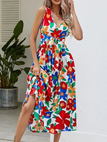 Full Size Floral V - Neck Sleeveless Dress Plus Size designed for comfort and style at Lookzlike