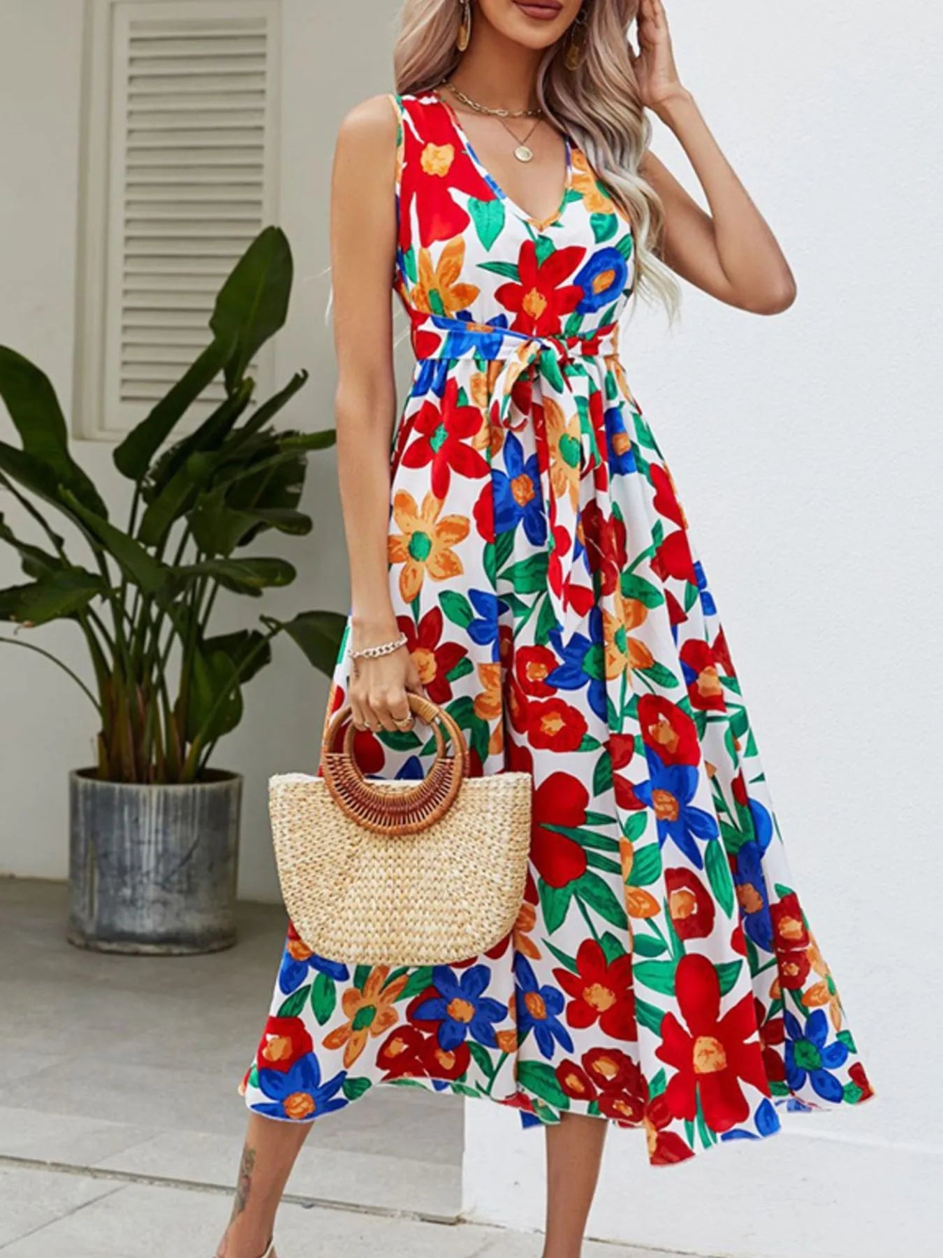 Full Size Floral V - Neck Sleeveless Dress Plus Size designed for comfort and style at Lookzlike