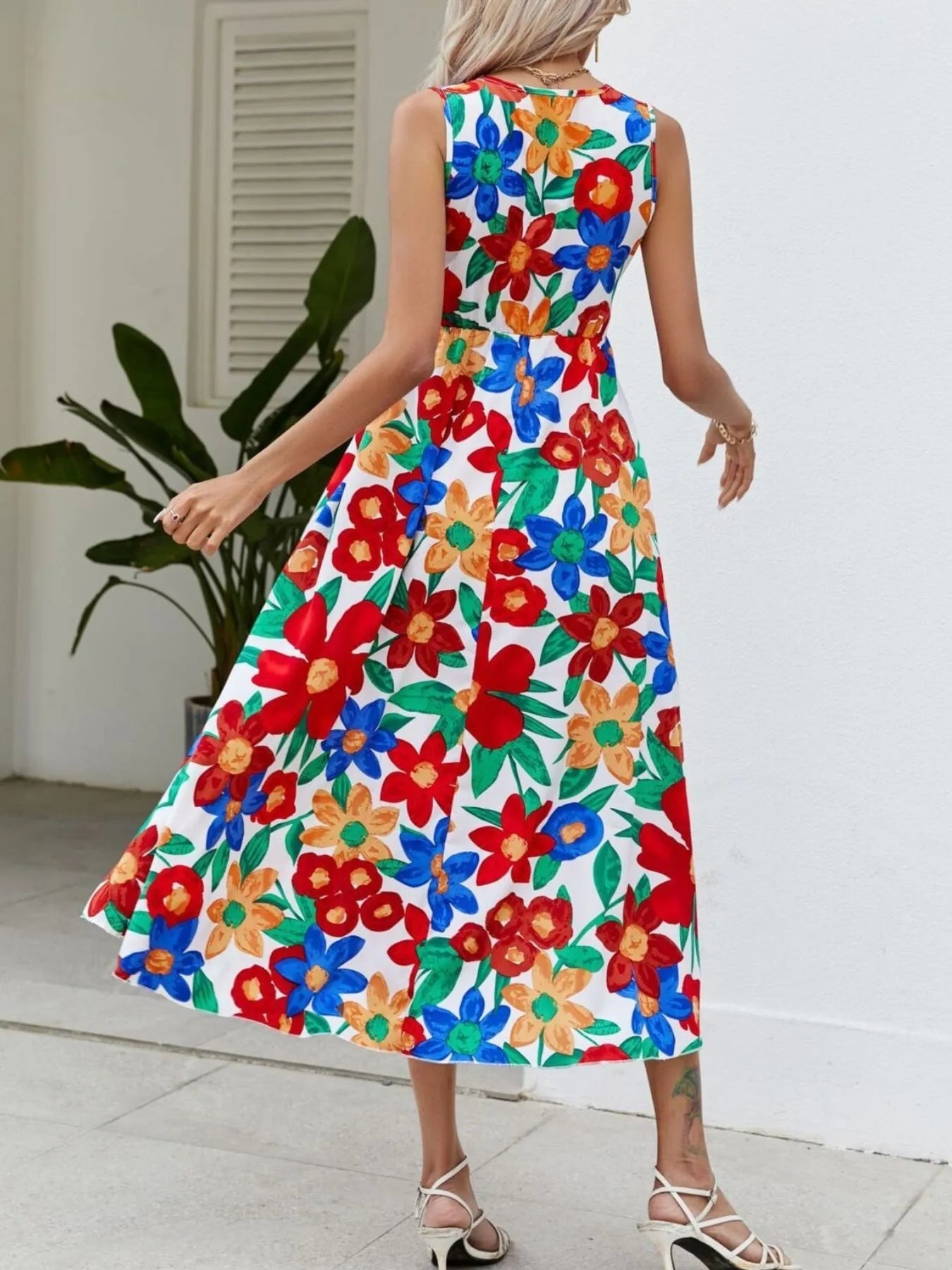 Full Size Floral V - Neck Sleeveless Dress Plus Size designed for comfort and style at Lookzlike