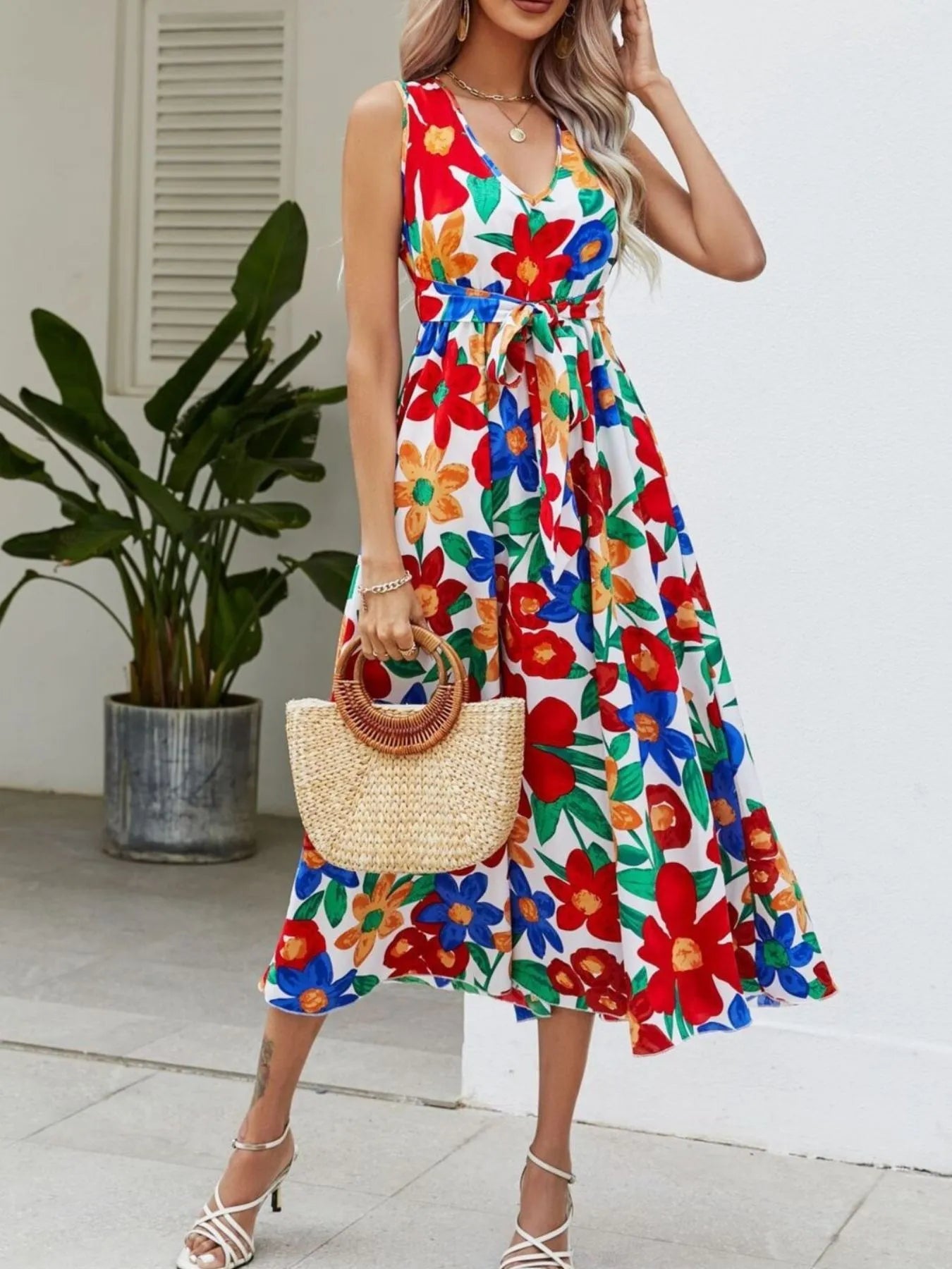 Full Size Floral V - Neck Sleeveless Dress Plus Size designed for comfort and style at Lookzlike