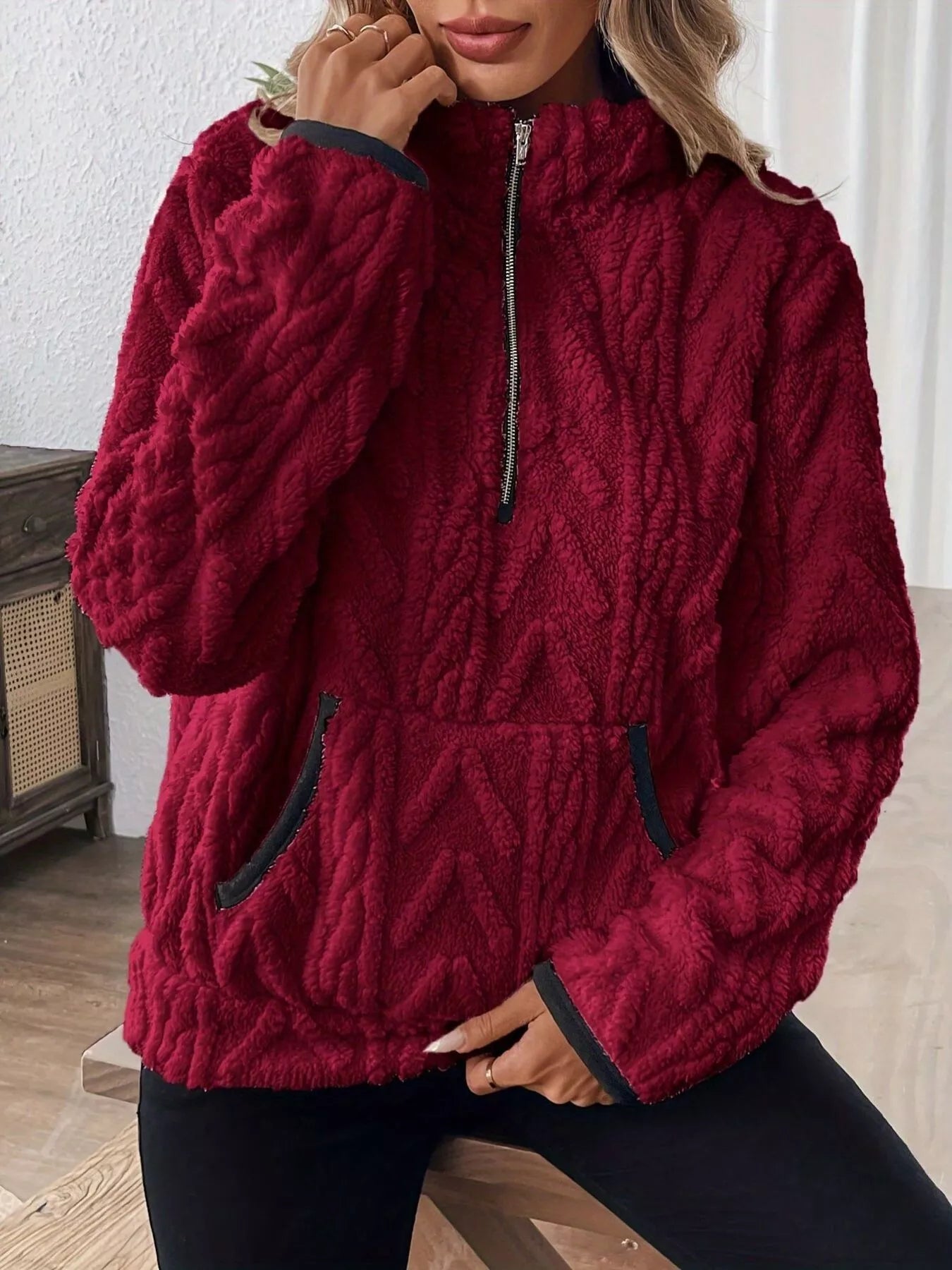 Full Size Half Zip Kangaroo Pocket Sweatshirt Plus Size designed for comfort and style at Lookzlike