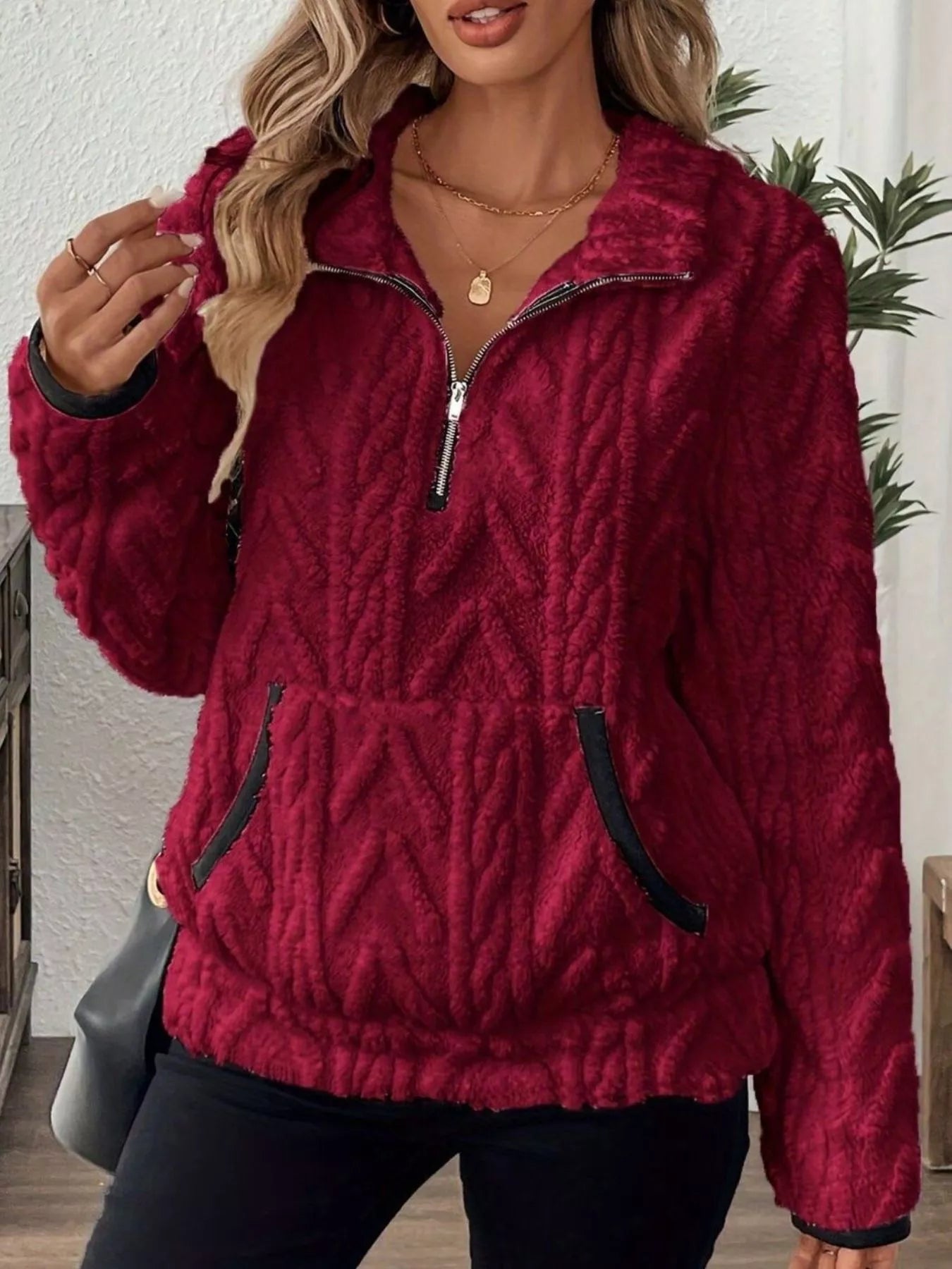 Full Size Half Zip Kangaroo Pocket Sweatshirt Plus Size designed for comfort and style at Lookzlike
