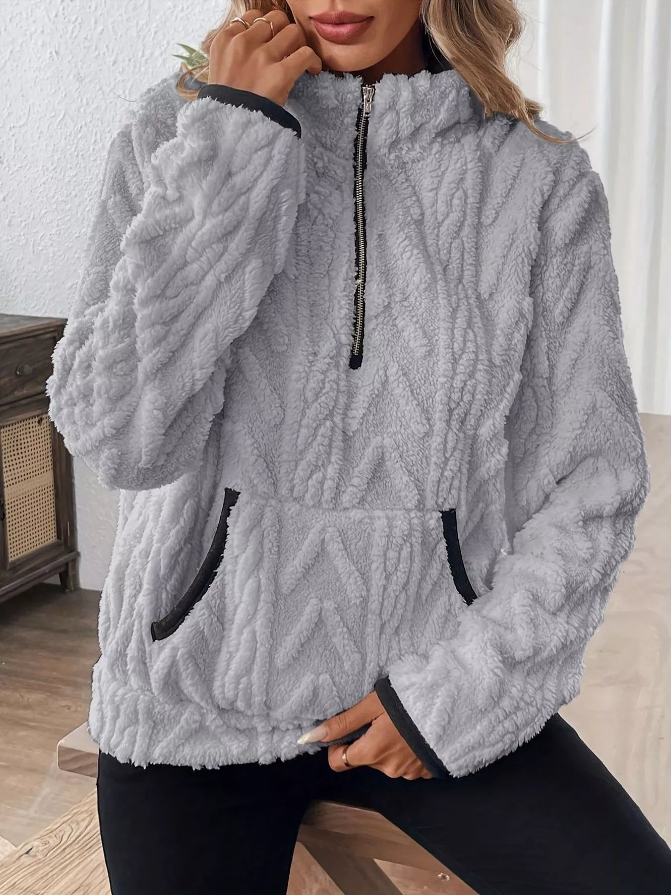 Full Size Half Zip Kangaroo Pocket Sweatshirt Plus Size designed for comfort and style at Lookzlike