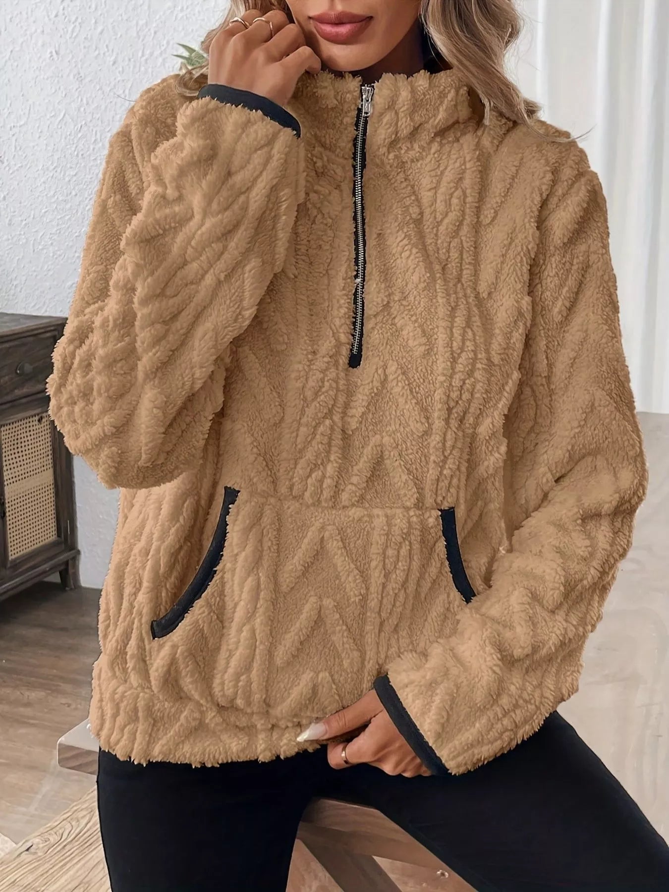 Full Size Half Zip Kangaroo Pocket Sweatshirt Plus Size designed for comfort and style at Lookzlike