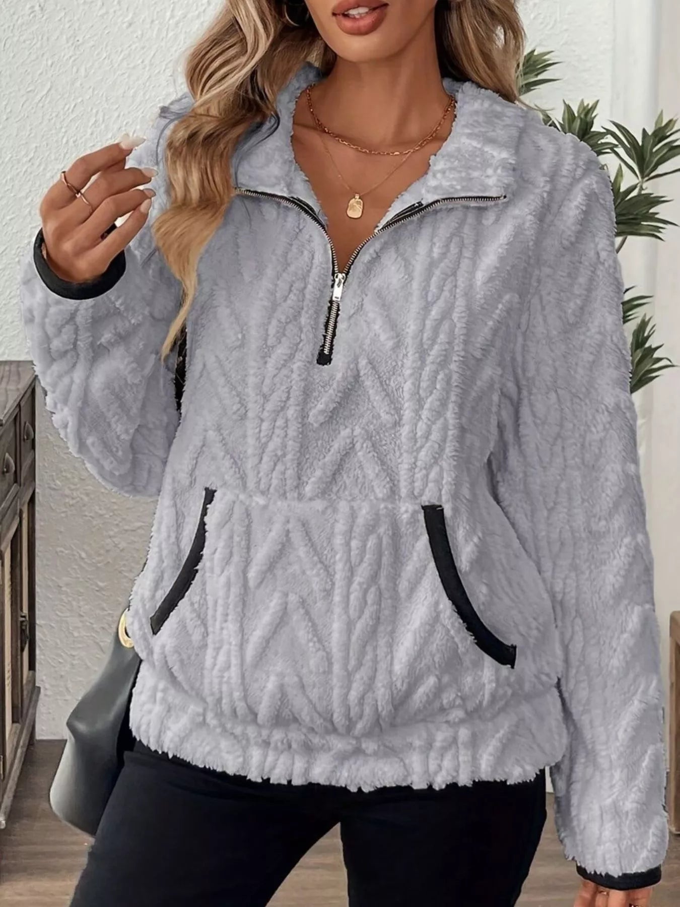 Full Size Half Zip Kangaroo Pocket Sweatshirt Plus Size designed for comfort and style at Lookzlike
